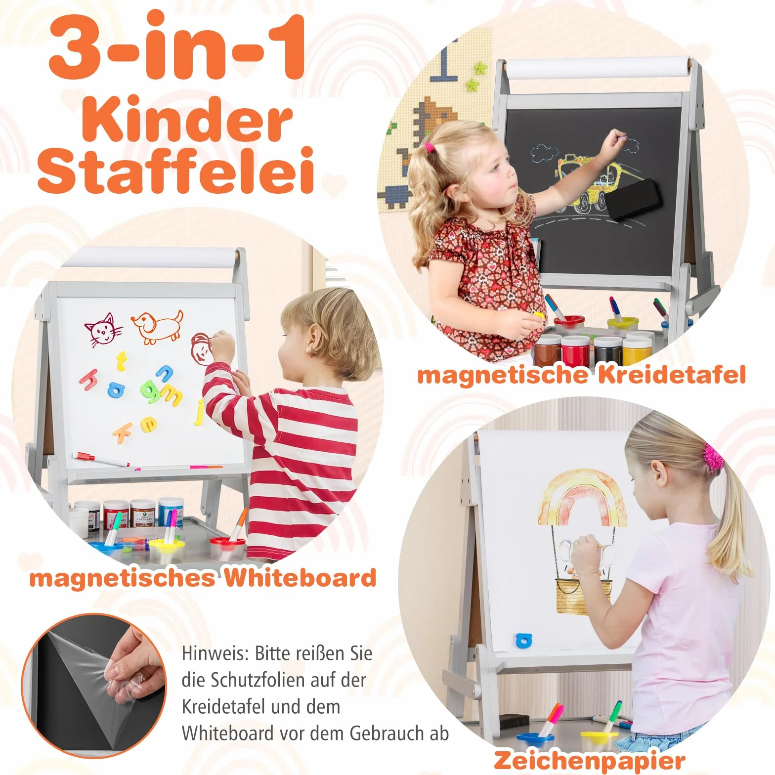COSTWAY Dwustronna Tablica dla Dzieci 3 w 1 z Rolką Papieru, Magnetyczna do Pisania Kredą i Suchościeralnością, w Zestawie 3 Kolorowe Kubki i 2 Pudełka, Sztaluga