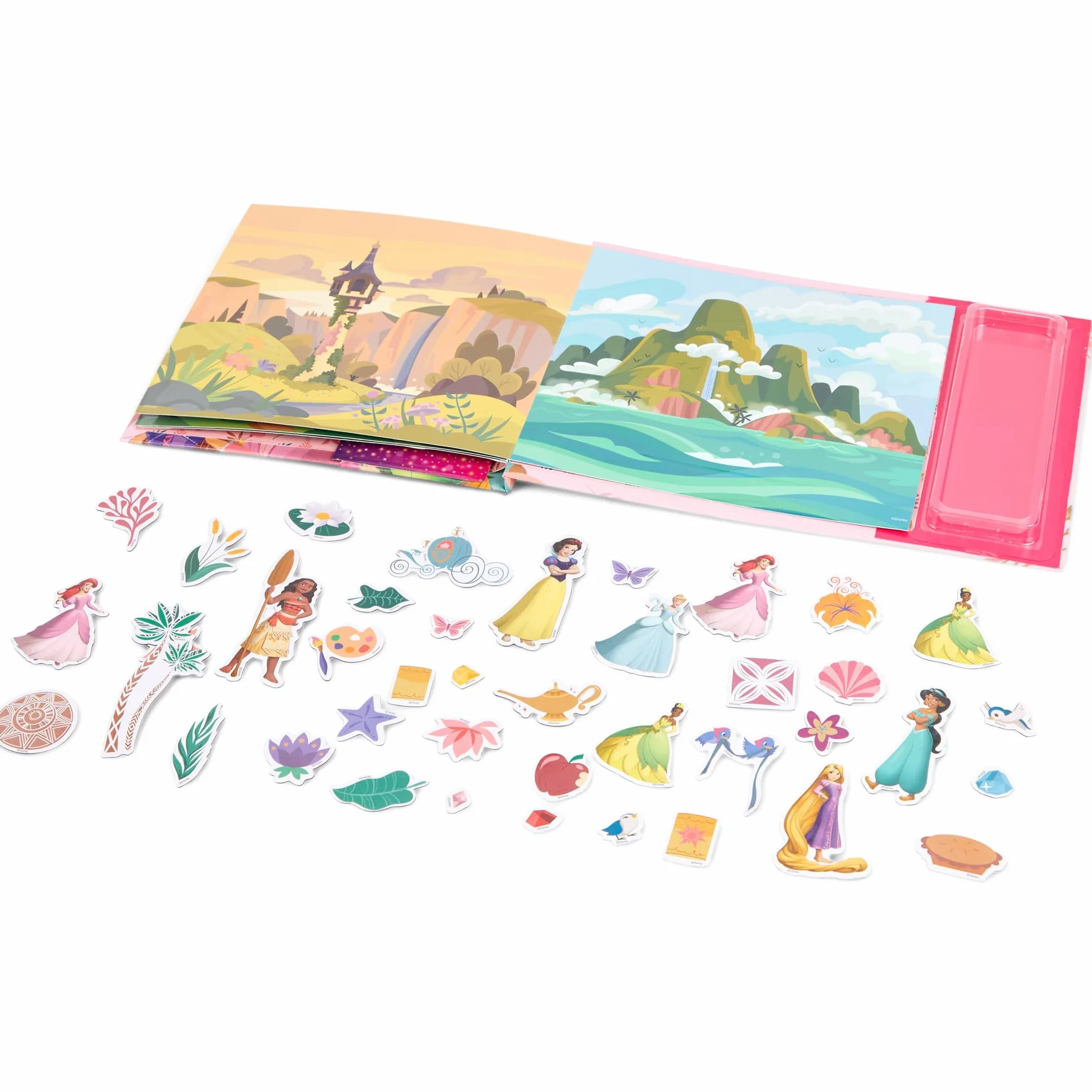 Disney Princess Magnetyczna książka dla dzieci, 40 figurek i akcesoria, interaktywny i kreatywny poradnik, Kopciuszek, Ariel, Belle & Co (DP24358)