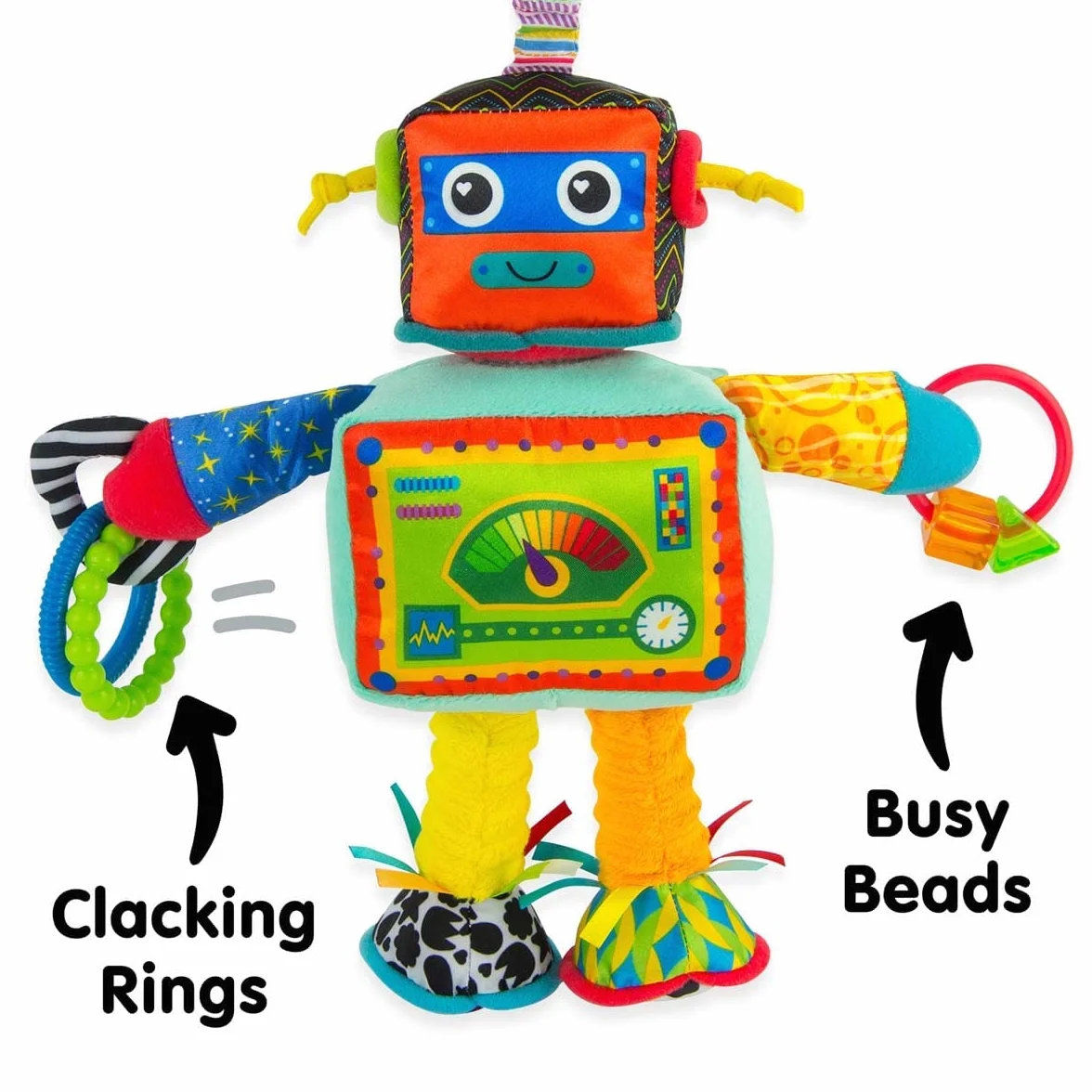 LAMAZE Rusty the Robot, klips na wózek dziecięcy i wózek dziecięcy, zabawka sensoryczna dla niemowląt, chłopców i dziewcząt od 0 do 6 miesięcy
