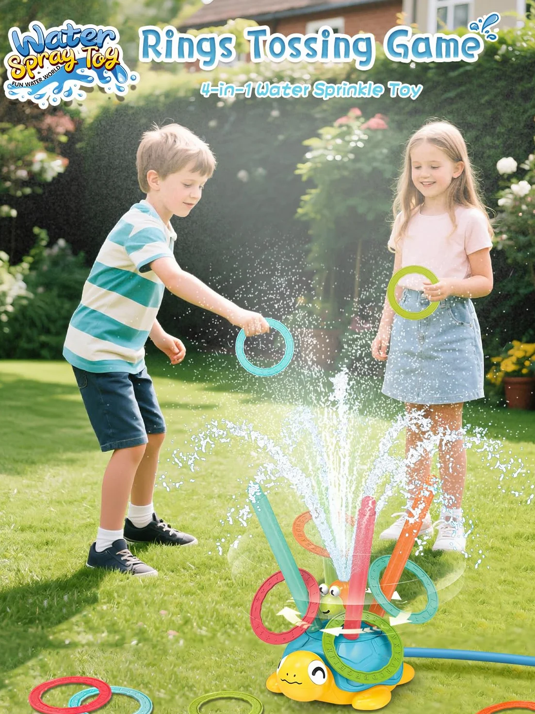 4 w 1 zabawki dla dzieci zraszacz wody żółw, zabawki outdoorowe z rozpryskami ślimaka, rzut pierścieniem, gra w baseball i gra na płotkach, spray do kołysania 360°, dla dzieci, chłopców, dziewcząt, 3