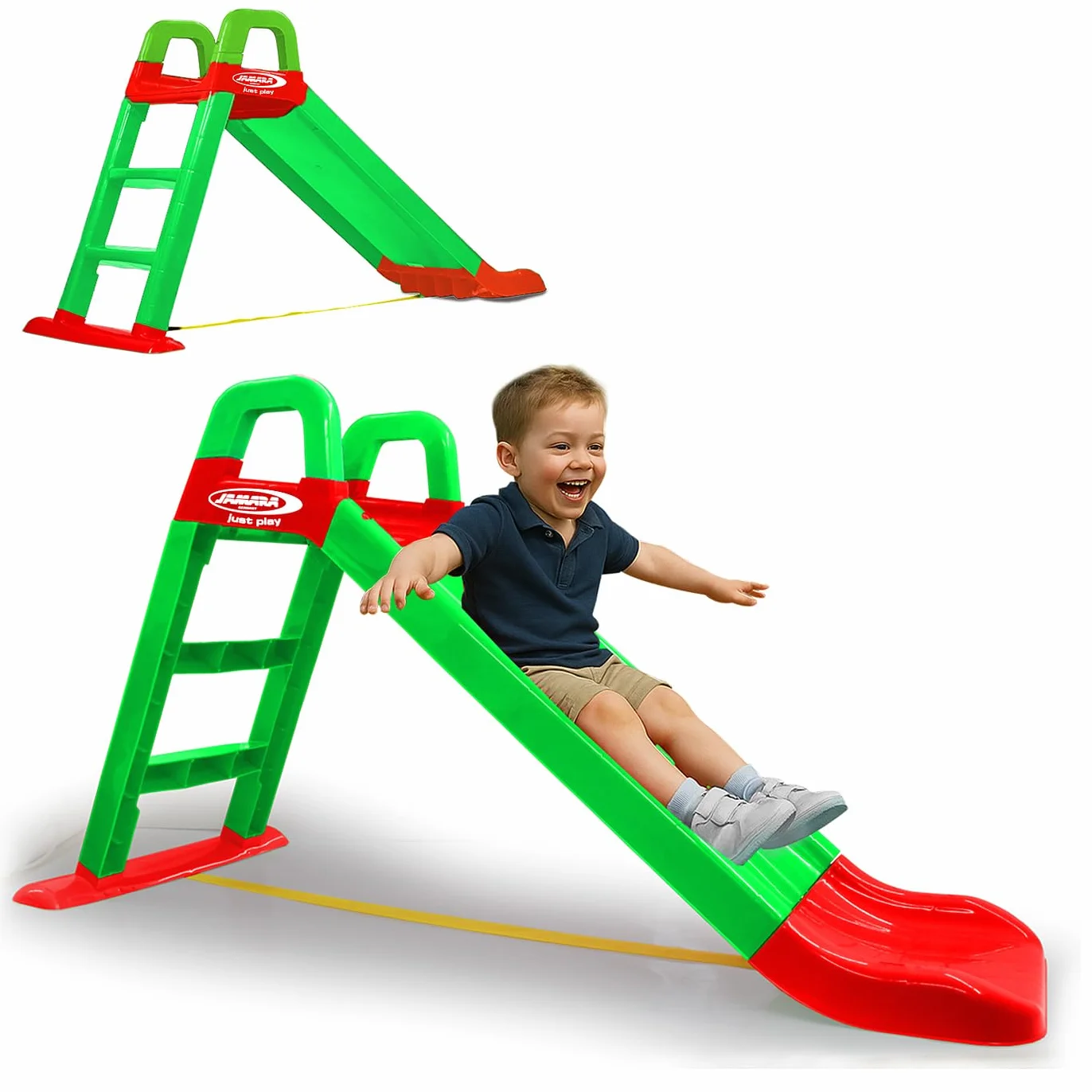 JAMARA 460502 - zjeżdżalnia Funny Slide – wykonana z wytrzymałego tworzywa sztucznego, wylewka antypoślizgowa do delikatnych lądowań, szerokie stopnie i uchwyty bezpieczeństwa, linka stabilizująca,