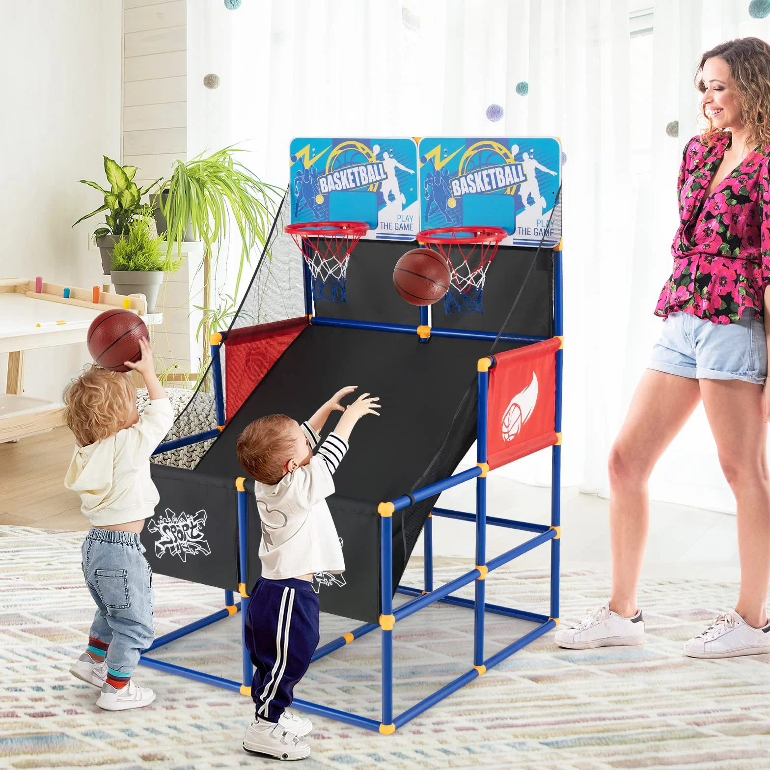 COSTWAY Zestaw Arcade do Gry w Koszykówkę, Stojak z 2 Koszami, 4 Piłkami i Pompką, Mini Kosz na Zewnątrz, Gra dla 2 Graczy, Obręcz dla Dzieci