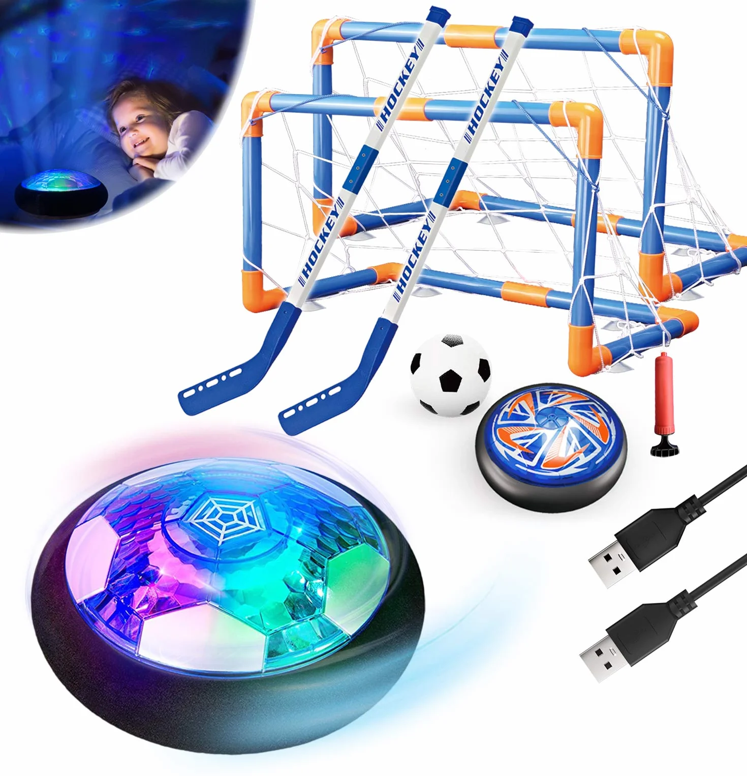 Zestaw zabawek do piłki nożnej 3 w 1, pływające powietrze, ładowane przez USB, do użytku wewnątrz i na zewnątrz, gry sportowe z 2 bramkami, świecące światło LED i zderzak, dla chłopców i