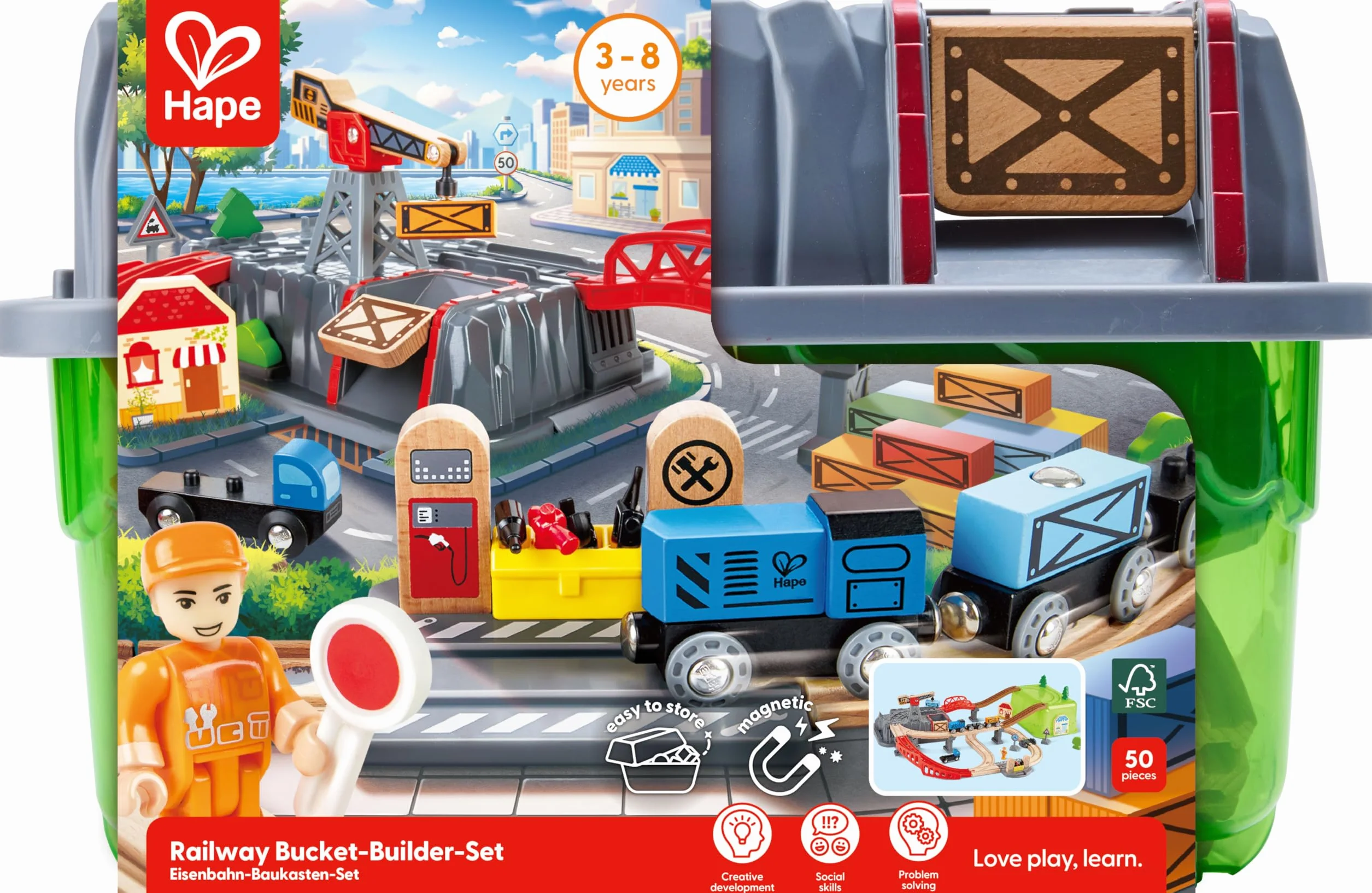 Hape Sustainable Wood Toy Train Railway Bucket 50-Piece Builder Set