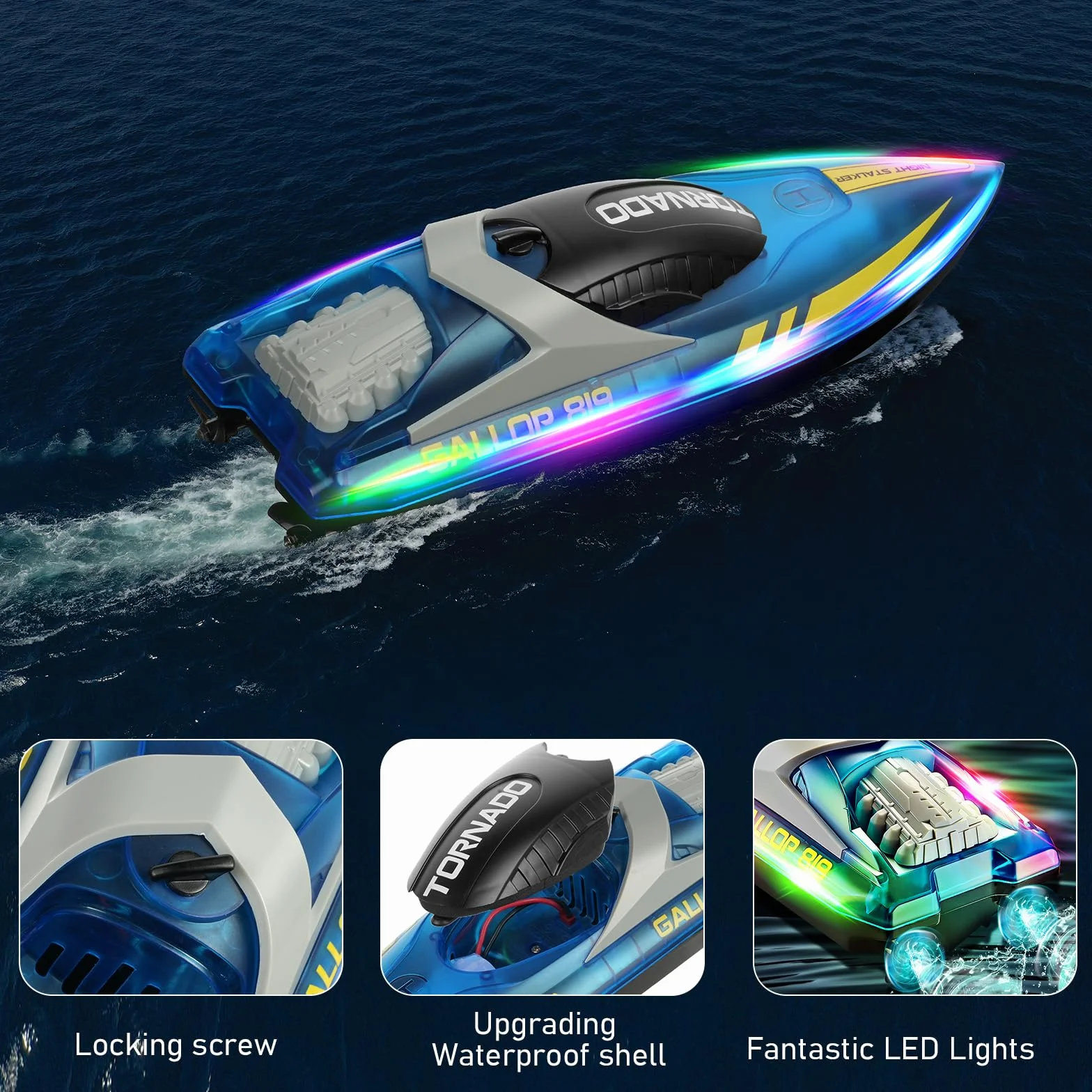 HOTUT Zdalnie sterowana łódź, Speedboat, 15+ km/h RC, łodzie wyścigowe 2,4 GHz z diodami LED, regulowany akumulator Speedboot 1200 mAh, dla dorosłych i dzieci od 14 lat