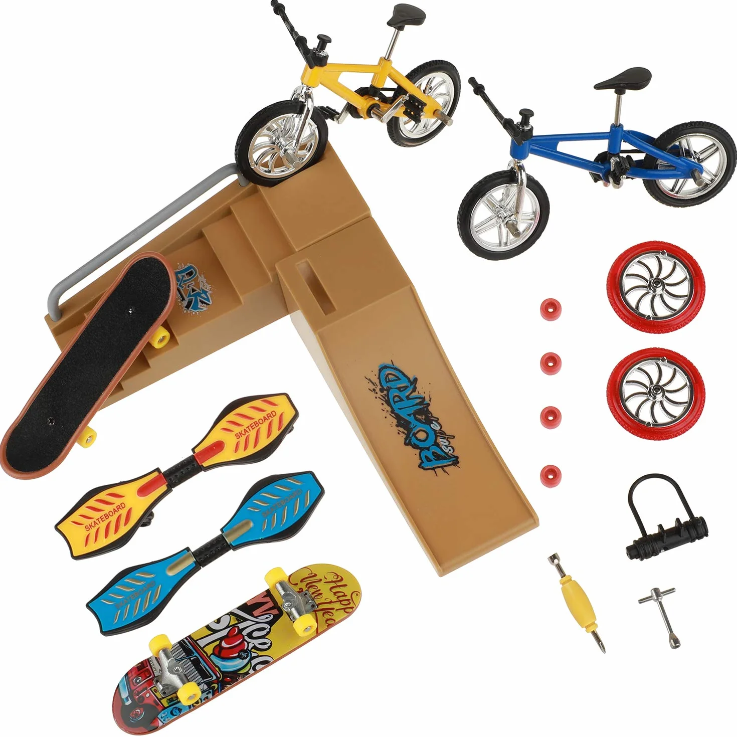 Zestaw do skateparku, mini zabawki na palec, deskorolki, rowery, mała huśtawka z wymiennymi kółkami i narzędziami (17 szt.)