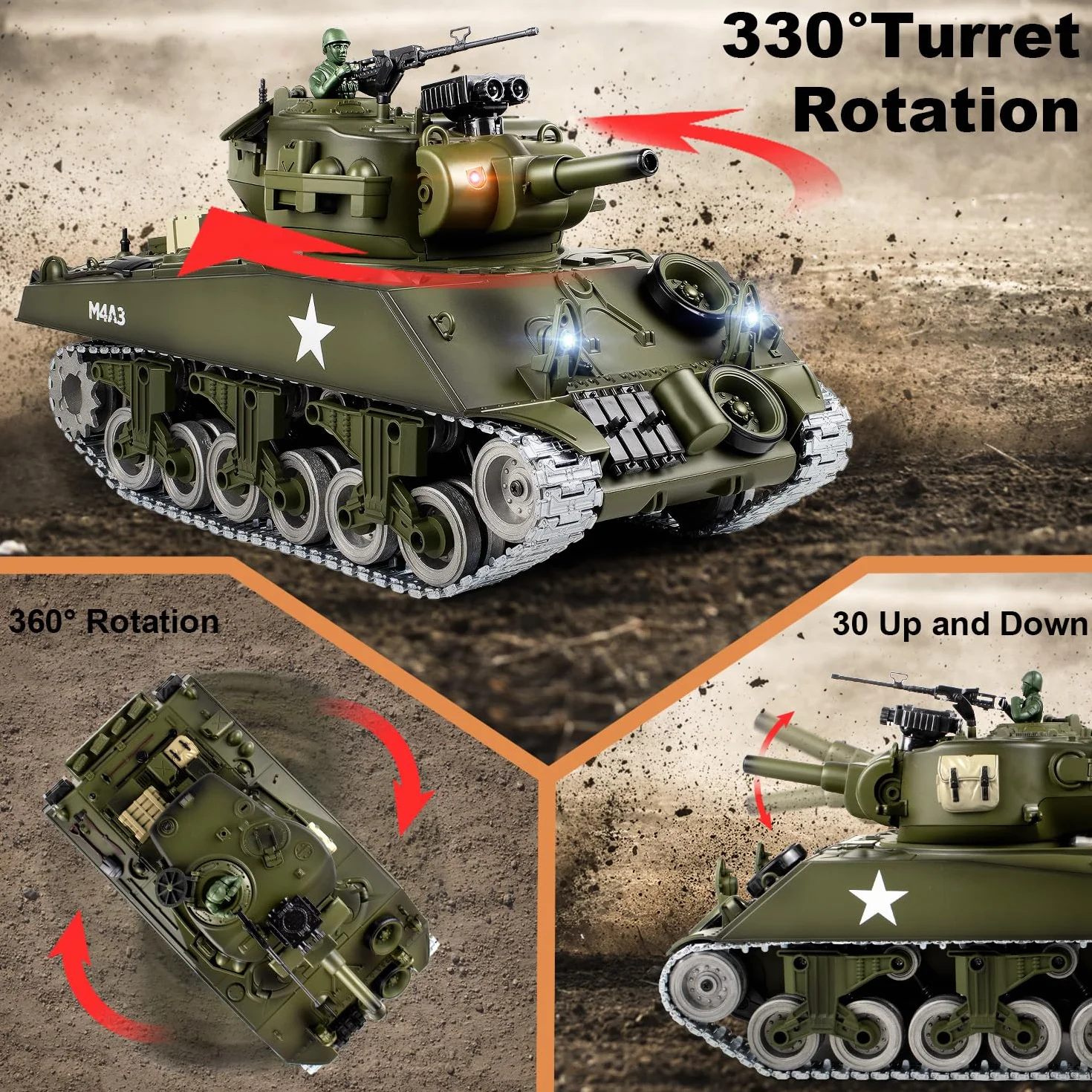 Supdex Czołg RC, 1:18 metalowy M4A3 Sherman, amerykański czołg zdalnie sterowany z II wojny światowej, model wojskowy, który strzela kulkami BB, wojskowy pojazd RC 2,4 GHz z dymem, światłami
