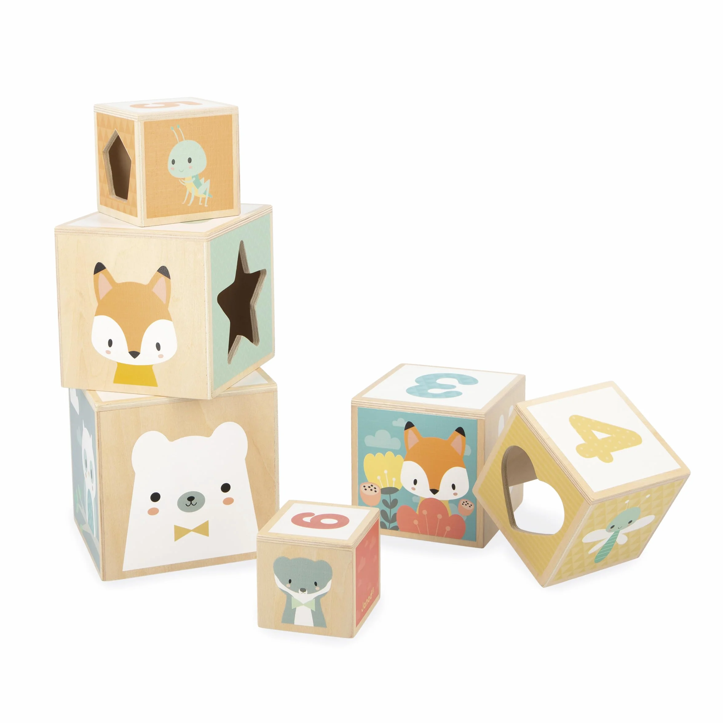 Janod Pyramide en Bois d'Éveil-6 Cubes à Empiler-Jouet d'Empilement d'Encastrement-Développe Dextérité et Imagination-Premier âge-da 12 miesięcy, J05147