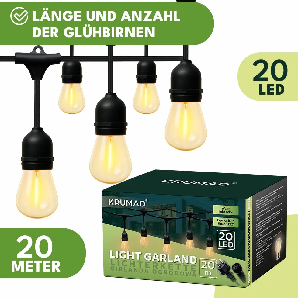 KRUMAD Girlanda Ogrodowa, Żarówki E27, Wodoodporna IP44, Ciepłe Światło 2700K, Łączenie Szeregowe, Dekoracyjne Oświetlenie na Balkon, Taras, Ogród, Wesele (20m - 20 żarówek)