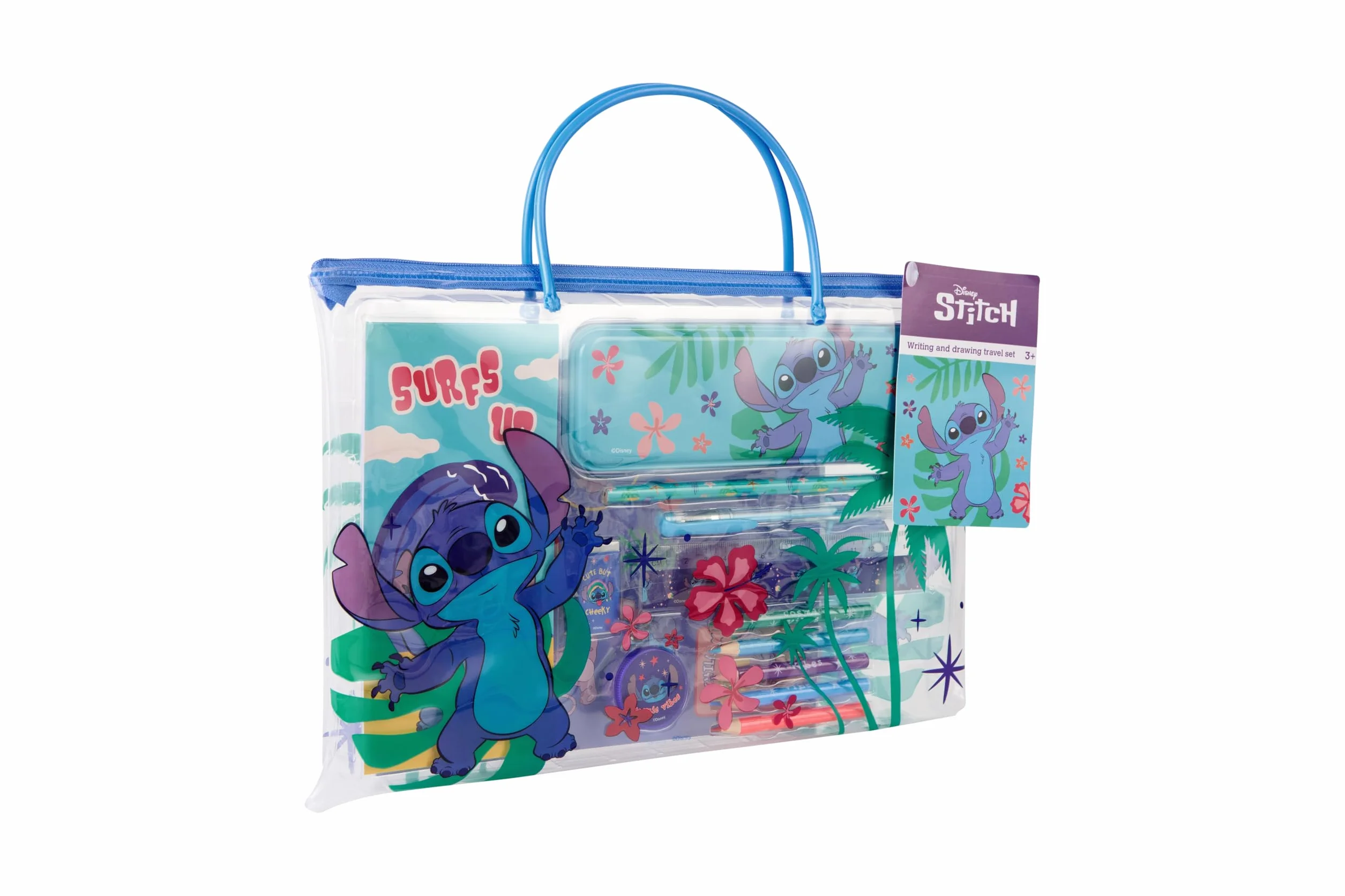 Disney Stitch zestaw podróżny do pisania i rysowania | Zestaw do malowania i rękodzieła dla dzieci z piórnikiem, długopisami i kartkami do kolorowania | Kreatywny zestaw podróżny w torbie z uchwytem |