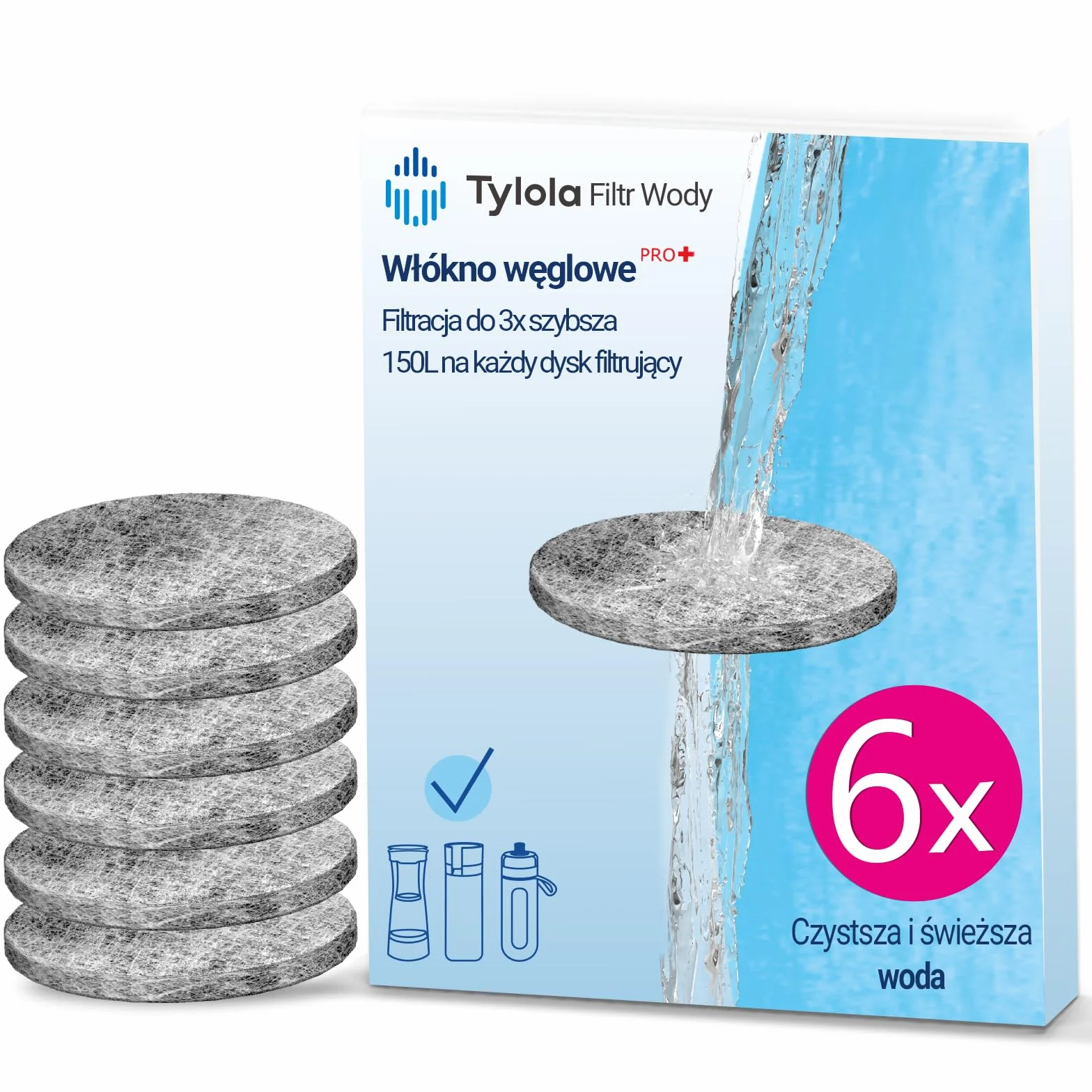 6 sztuk Wkładów MicroDisc do Brita Fill&Go i Karafek – Certyfikat NSF42 – Usuwa 99 % Chloru, PFAS, Metali Ciężkich i Mikroplastików – Filtracja 5 μm i Długa Żywotność
