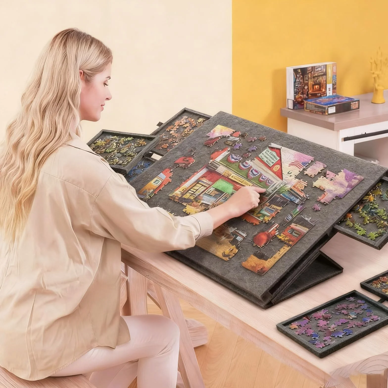 Puzzle Board Regulowany, uchylny stojak, duży przenośny stół do układania puzzli, filcowa powierzchnia z pokrywą zapewniającą bezpieczne przechowywanie i łatwe sortowanie, do 2000 sztuk gray