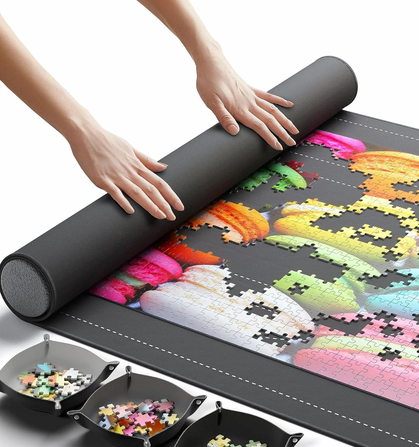 Oryginalna mata do puzzli Newverest zwijana, przenośna podkładka oszczędzająca z antypoślizgowym gumowym spodem i gładką górą, 3 tacami do sortowania puzzli i przyjazną w podróży torbą do