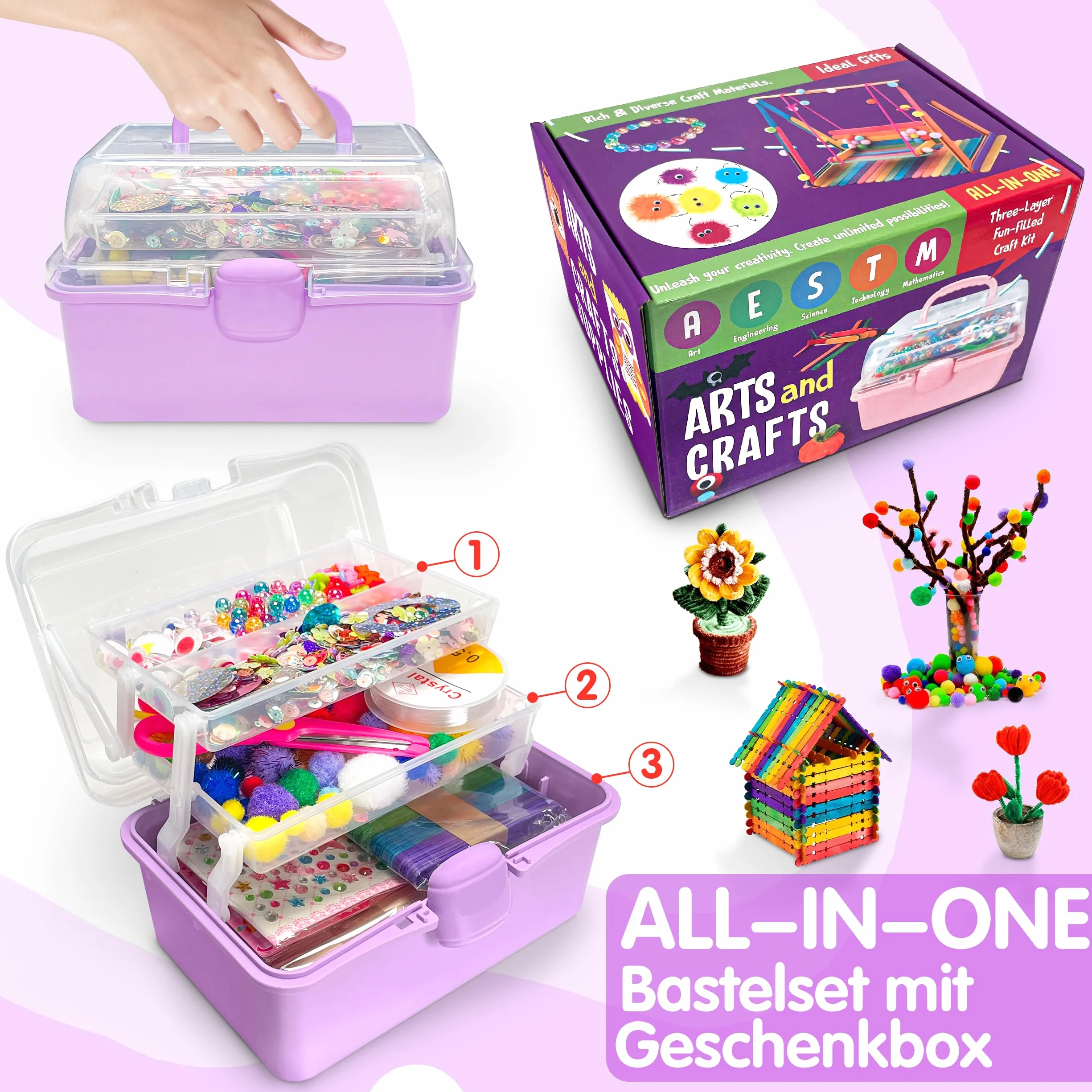 LINAYE Zestaw 2500 Sztuk do Majsterkowania, Walizka dla Dzieci, Materiały do Czyszczenia Fajek, Pomponów, Scrapbookingu, dla Chłopców i Dziewczynek