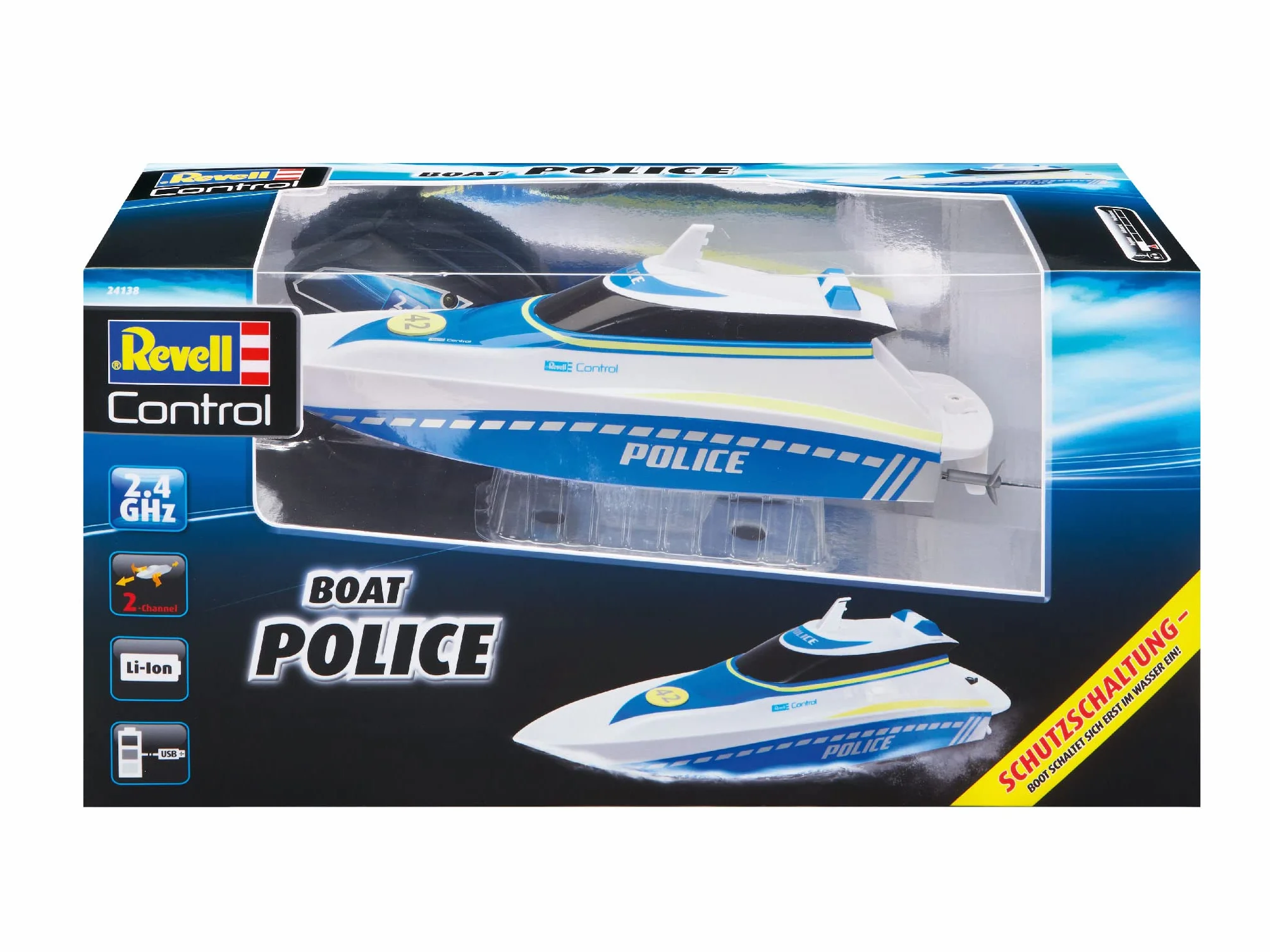 Revell Sterowanie 24138 Łódź policyjna I Zdalnie sterowana łódź RC I dla dzieci i dorosłych od 8 lat I Z akumulatorem litowo-jonowym na godziny działania I Z ergonomicznym pilotem pistoletowym I 2,4 GHz