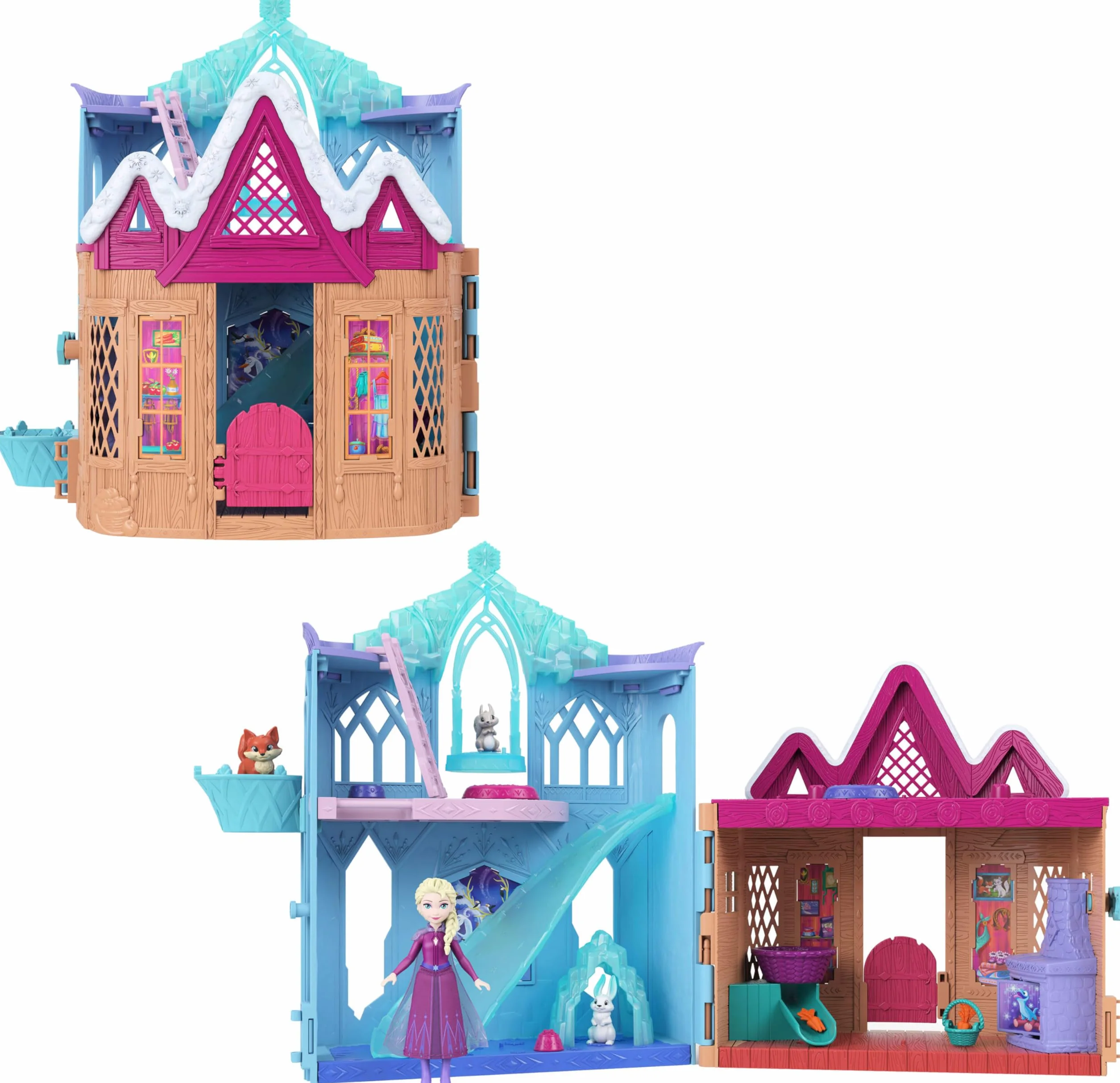 Mattel Disney Frozen Kraina Lodu Zimowy domek zwierzątek Zestaw domek dla lalek: 10 obszarów zabawy, 3 figurki zwierzątek, mała lalka Elsa, 8 akcesoriów, zabawka Storytime Stackers, JFG28
