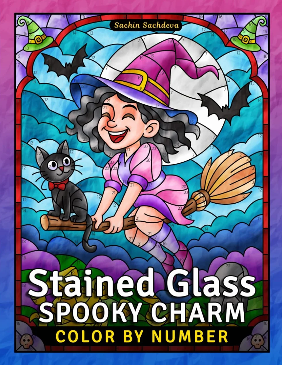 Stained Glass Spooky Charm: Halloween Color by Number Coloring Book for Teens and Adults with Window Designs & Patterns