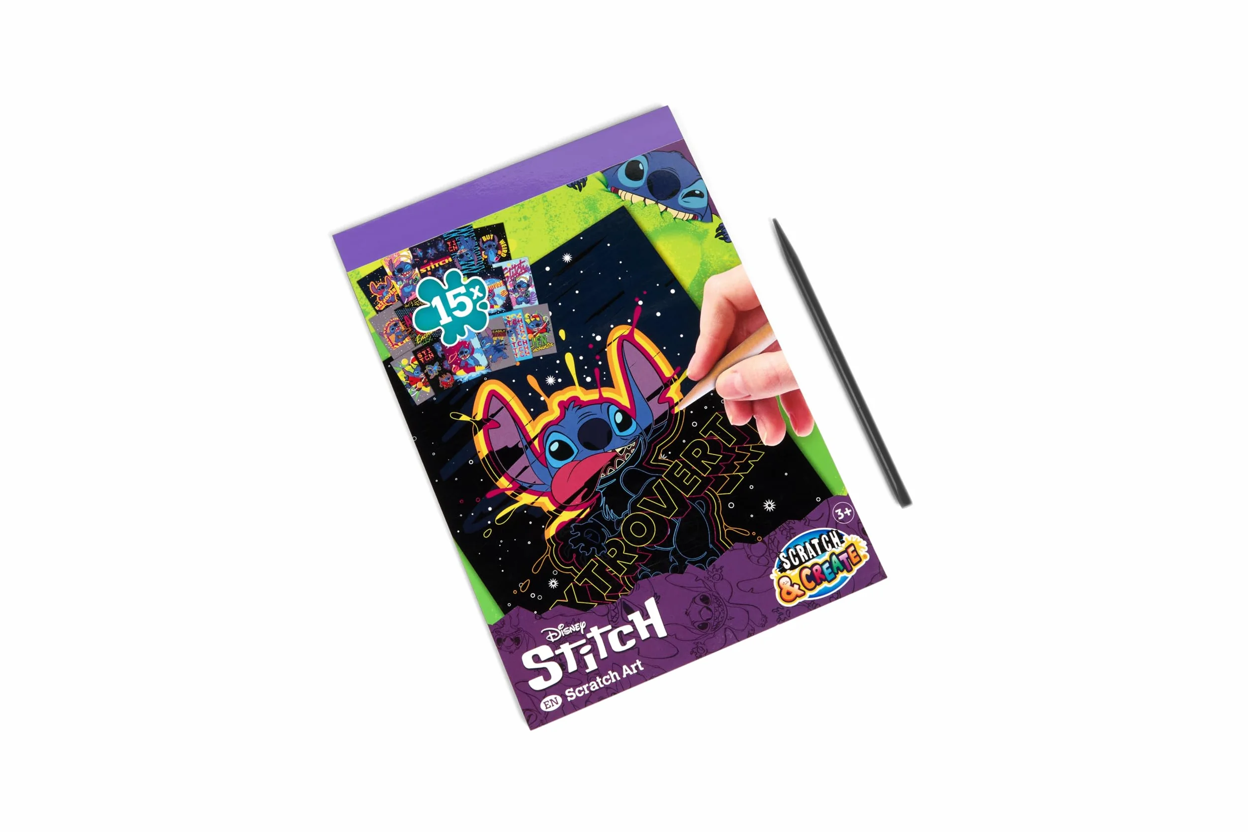 Disney Stitch obrazki do zdrapywania książka A5 dla dzieci | Scratch Art książka do majsterkowania z 15 motywami w formacie A5 | w zestawie drewniany pisak do drapania | efekt tęczy | kreatywny zestaw