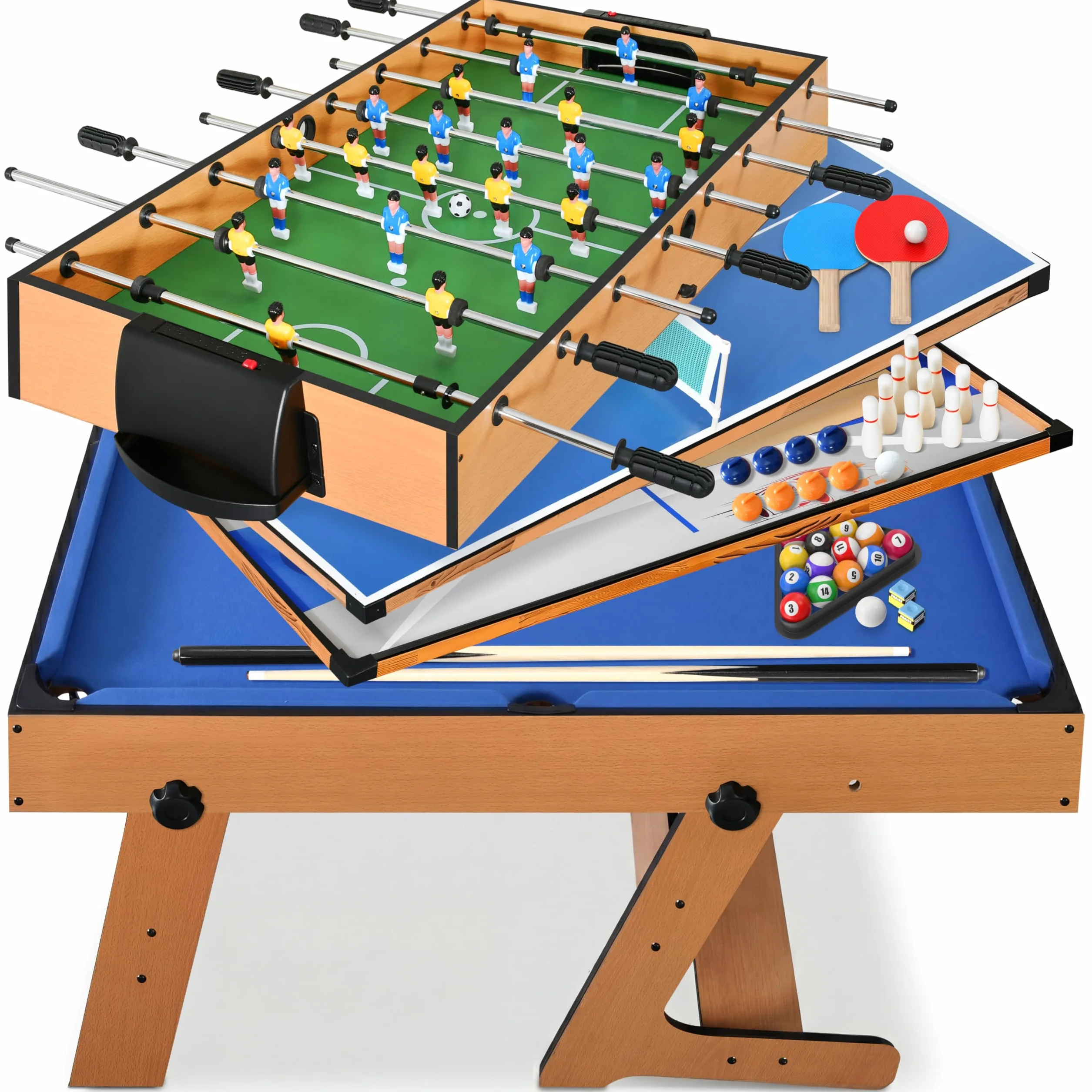 SereneLife Wielofunkcyjny stół do zabawy, 122 cm, sportowa gra zręcznościowa z akcesoriami, ping-pongiem, hokejem, bilardem, piłką nożną, piłkarzykami, wszystko w jednym, do użytku wewnątrz i na
