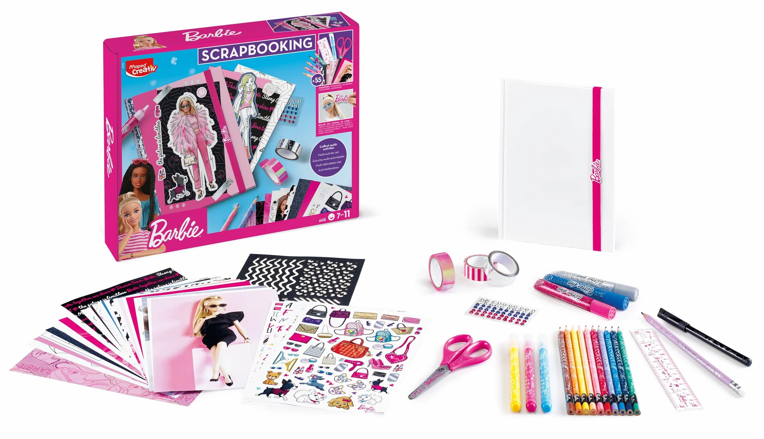 Maped Creativ Barbie Scrapbooking dla dzieci, zestaw 55 akcesoriów, arkusze i notatnik do personalizacji, od 7 lat