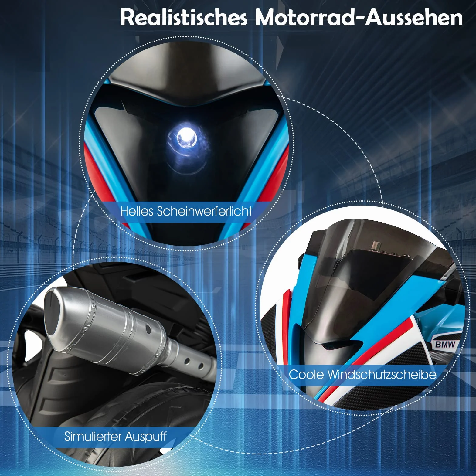 COSTWAY Motocykl elektryczny BMW 6 V z muzyką i reflektorem, trójkołowy motocykl dziecięcy do 3 km/h, motocykl elektryczny z 2 kółkami podporowymi, odpowiedni dla dzieci od 3 lat (niebieski)