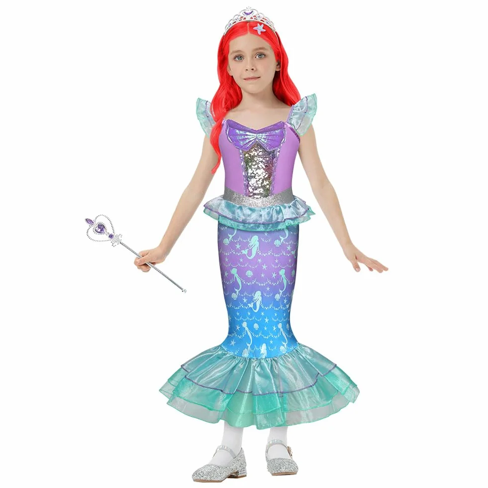 Kostium syrenki dla dzieci, sukienka księżniczki, syrenka, zestaw z koroną peruką i magiczną różdżką, kostium syrenki, na Halloween, karnawał, sukienka księżniczki