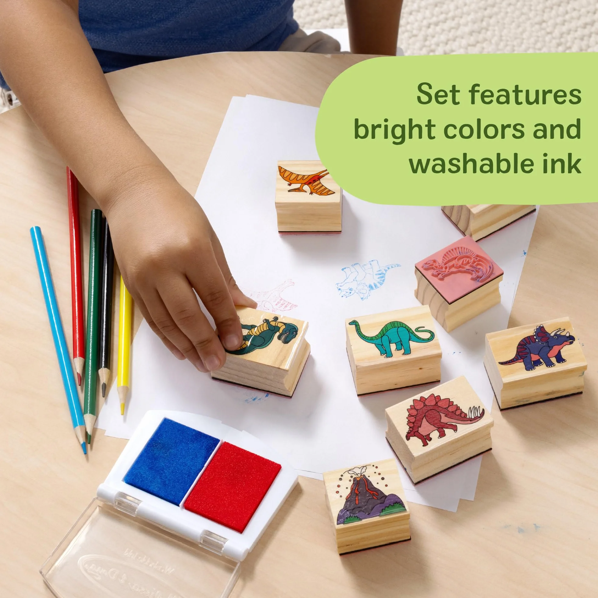 Melissa & Doug Zestaw stempli Dinozaury z kolorowymi ołówkami dla dzieci | Zabawa kreatywna | Drewniane pieczątki I stemple dla dzieci | Prezent dla chłopców i dziewczynek w wieku 3 4 5 6 lat