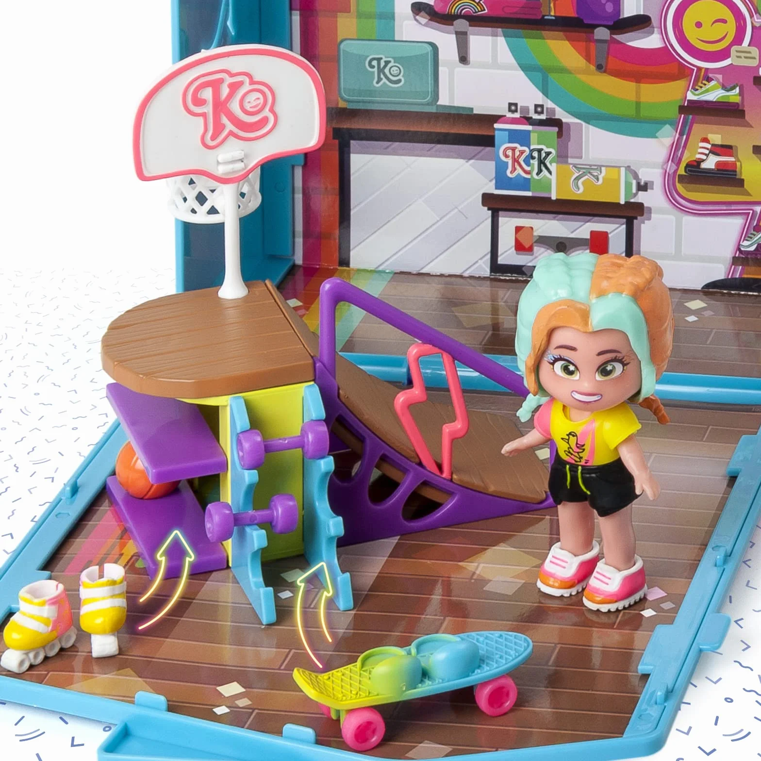 KOOKYLOOS Lizzie's Pop Up Sport Shop sklep z akcesoriami, ekskluzywną lalką z 3 zabawnymi wyrazami twarzy, 2 ekskluzywnymi zwierzętami