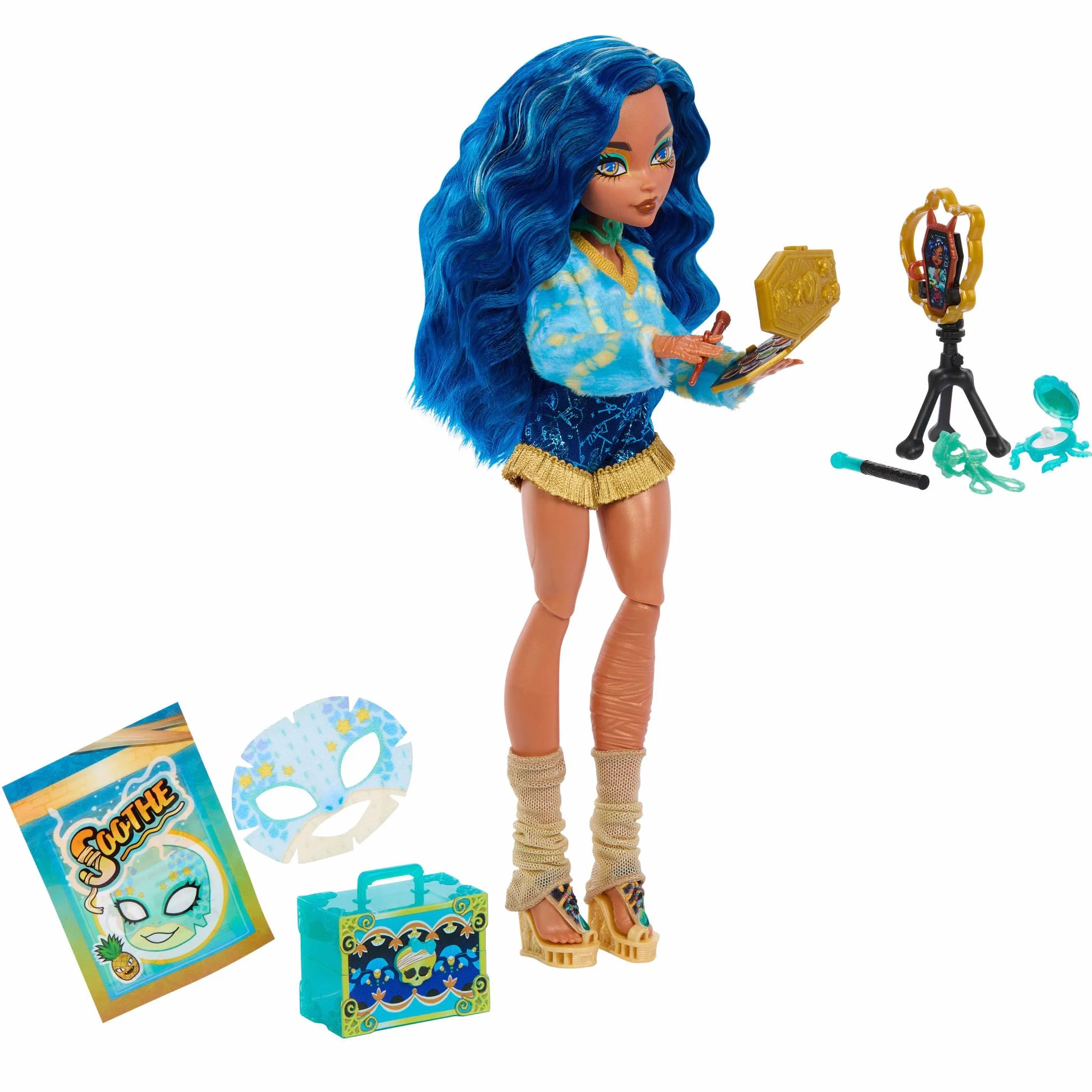 Monster High Straszyrelaks self-care Cleo de Nile Zestaw, lalka i akcesoria-niespodzianki, w tym zestaw do „ceramiki” oraz „kosmetyki”, zabawka dla dzieci 4+, JMG74