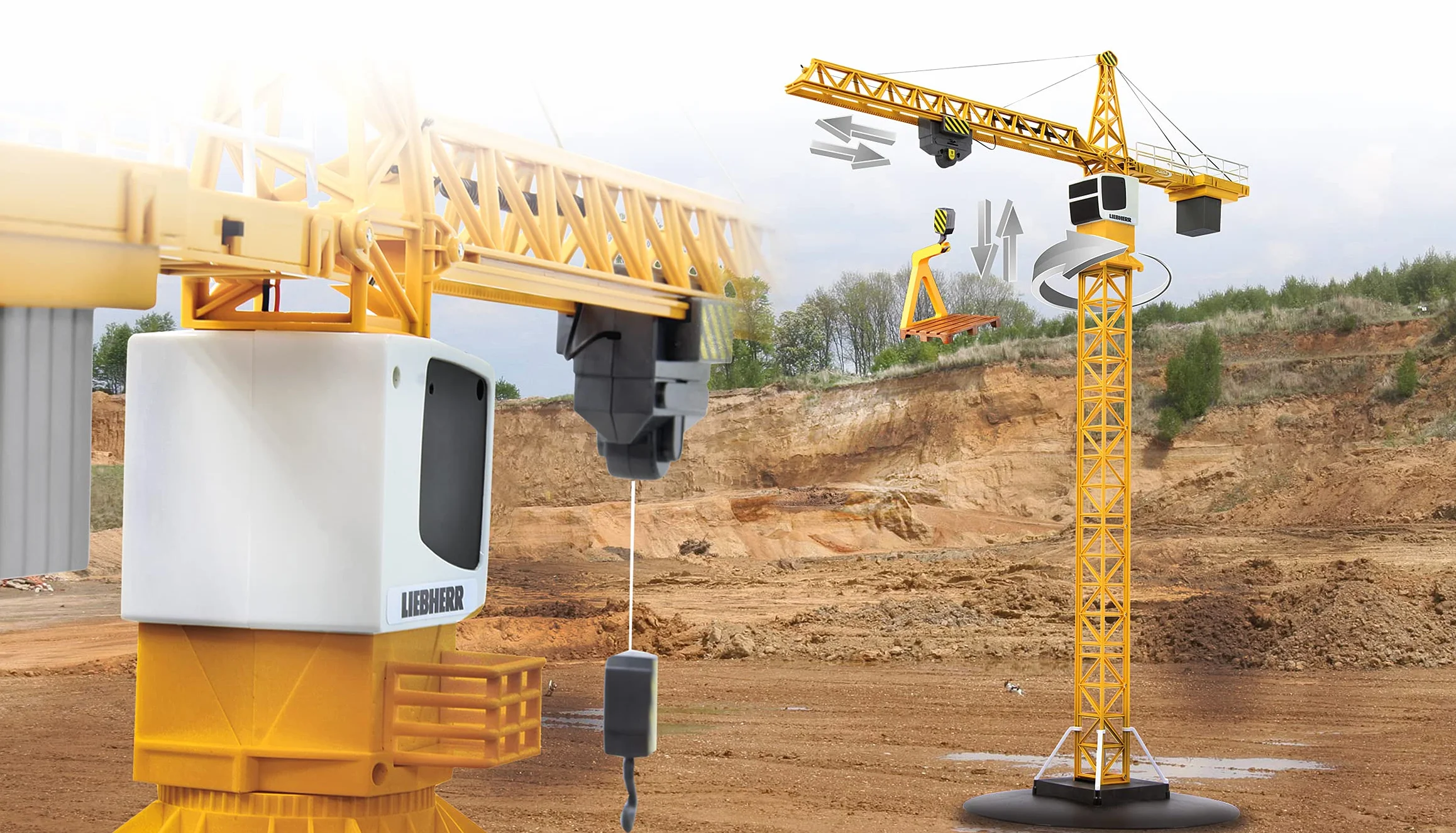 JAMARA 405109 - dźwig wieżowy Liebherr 2,4 G - hak obciążeniowy w górę i w dół, wózek do przodu i do tyłu, niekończący się obrót wieży w kierunku przeciwnym do ruchu wskazówek zegara i przeciwnie,