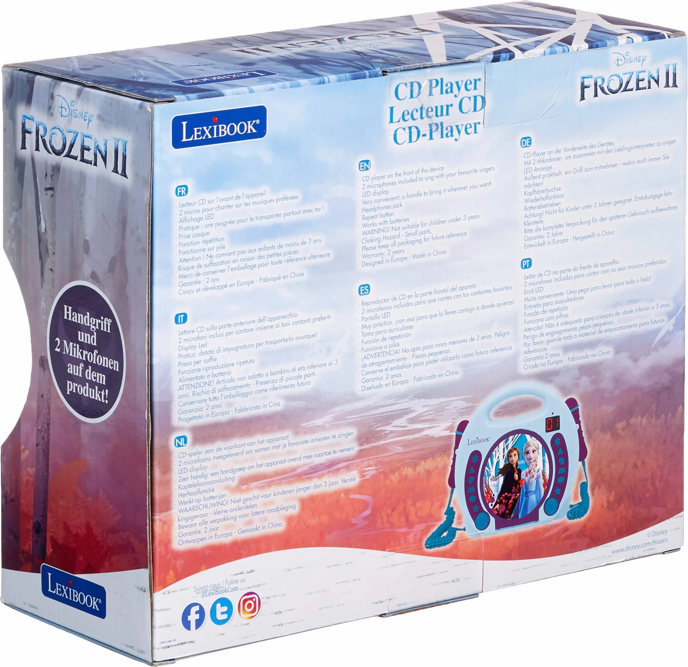 Lexibook Disney Frozen 2, Elsa, Anna & Olaf, Odtwarzacz DC z Mikrofonami, Funkcja Programowania, Gniazdo Słuchawkowe, dla Dzieci, Zasilany Zasilaczem Lub Bateriami, Niebieski, Fioletowy, RCDK100FZ