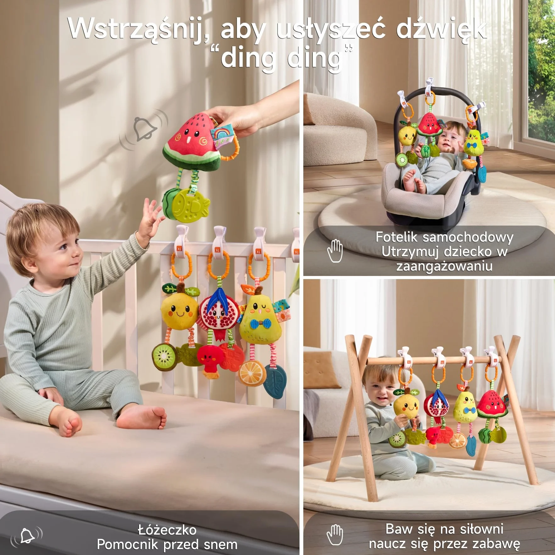 TUMAMA Wisząca grzechotka dla niemowląt, 0-3, 6-9 miesięcy, sensoryczne zabawki edukacyjne dla noworodka, z piszczącym dźwiękiem i gryzakiem, pluszowe, cytrynowe grzechotki, do fotelika samochodowego