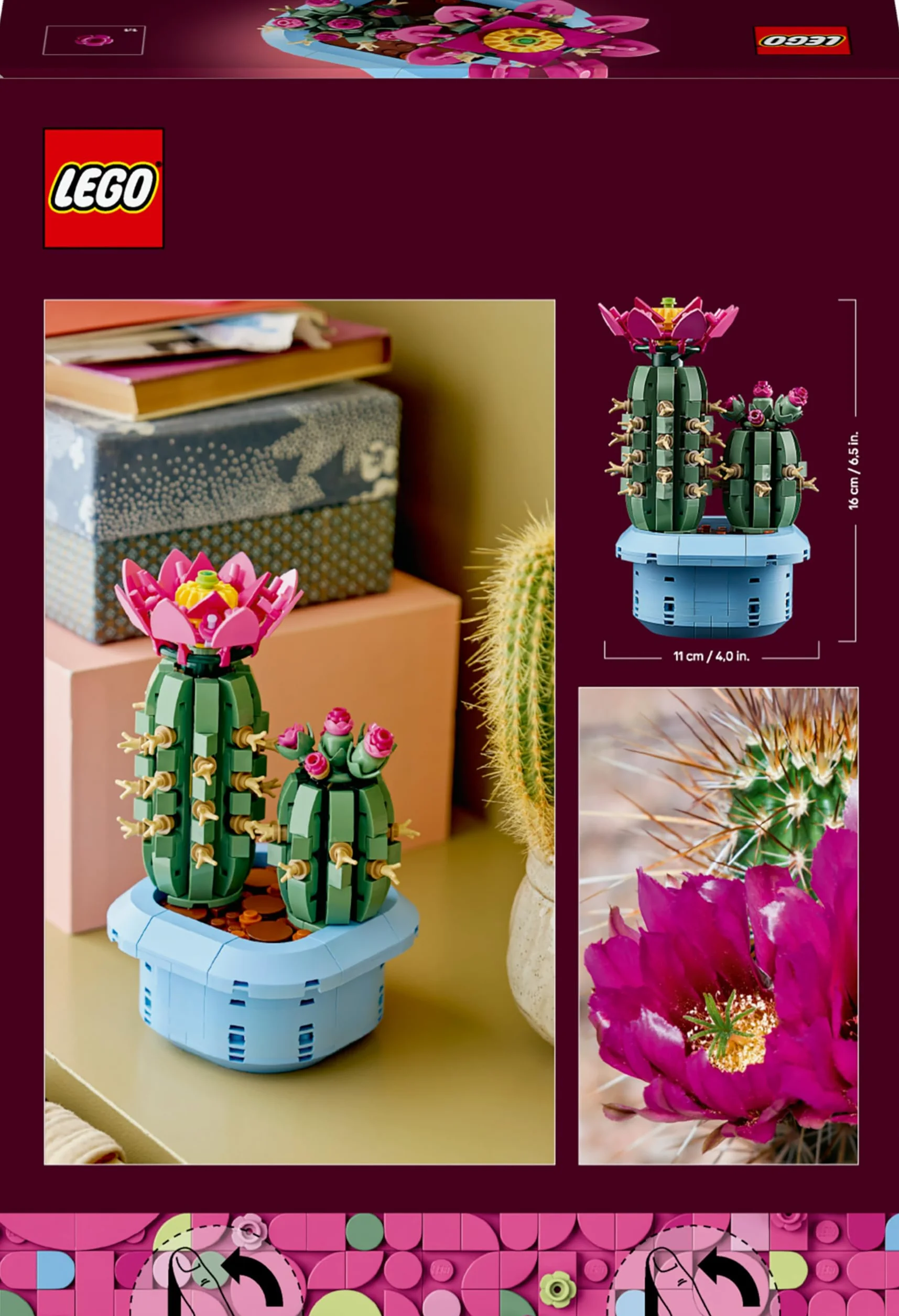 LEGO Botanicals Kwitnący kaktus, roślina ozdobna w doniczce do zbudowania, zestaw klocków dla dzieci, pomysł na prezent dla dziewczynek od 9 lat, chłopców i miłośników sztucznych kwiatów 11509