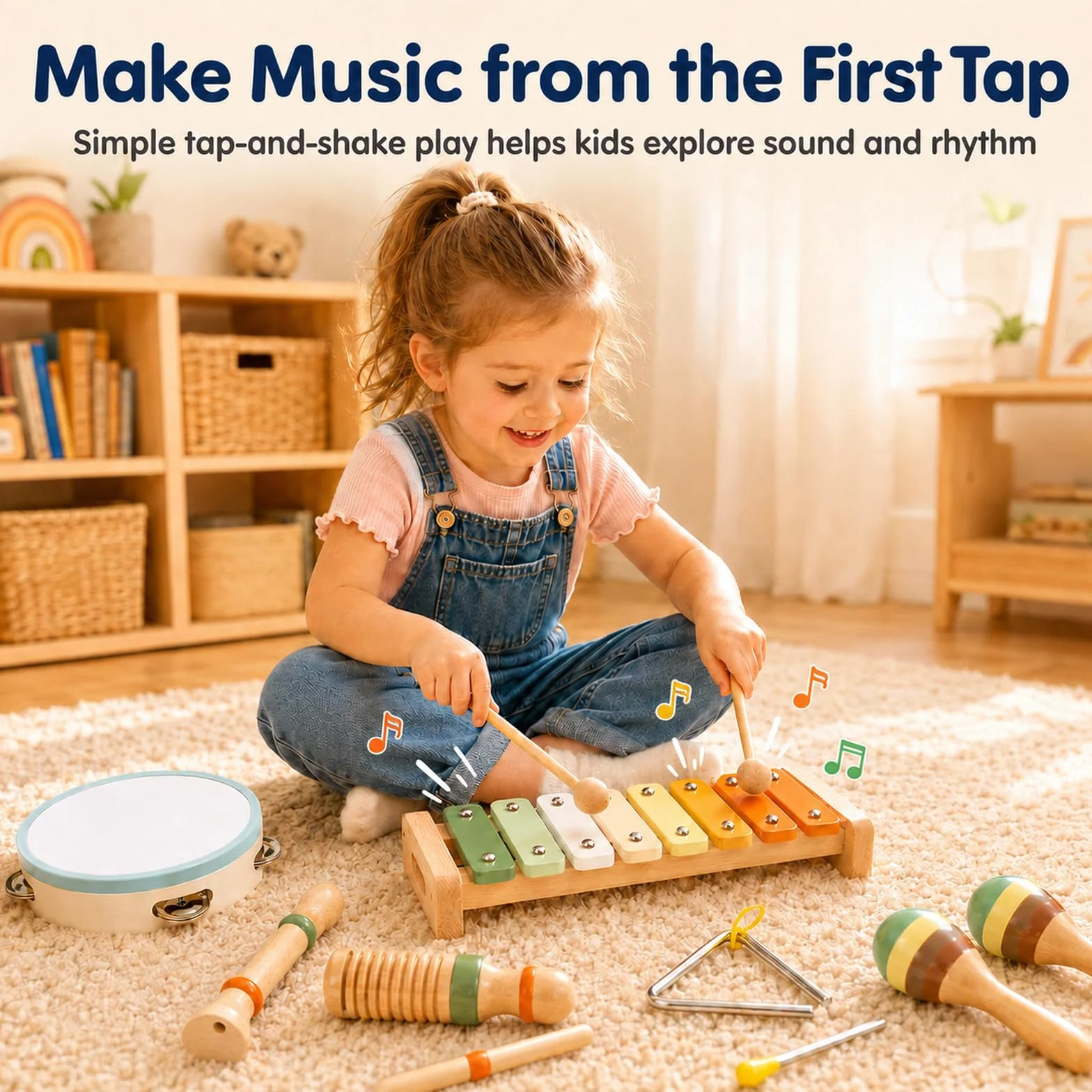 Instrumenty muzyczne dla dzieci od 3 lat – drewniany zestaw instrumentów Montessori 12 elementów, ksylofon, tamburyn, marakasy, trójkąt, zabawki rytmiczne dla dzieci