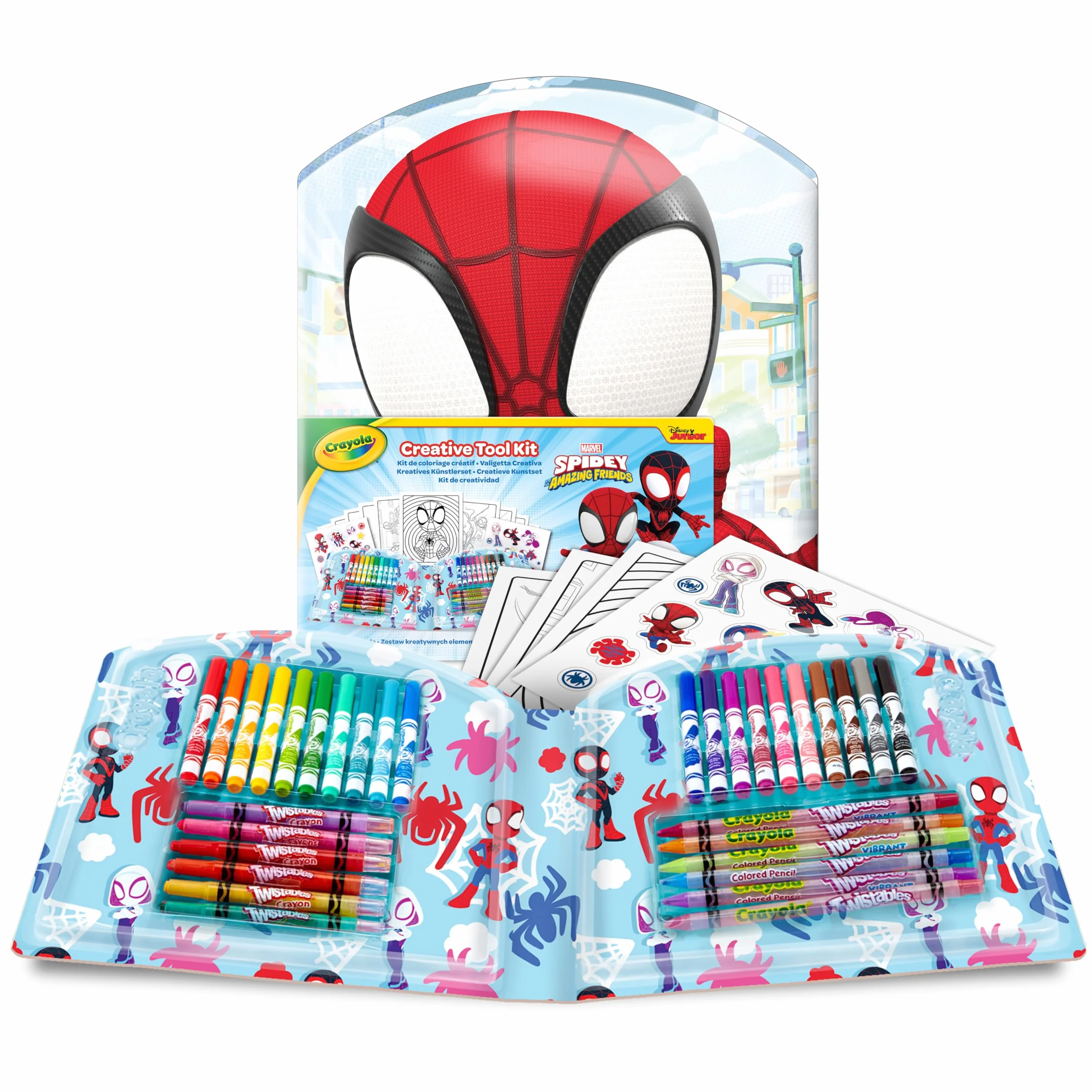 Crayola - Walizka kreatywna Spidey, 40 elementów, przenośny zestaw do kolorowania zawierający zmywalne flamastry, kredki ołówkowe, kredki świecowe, strony do kolorowania i naklejki, 04-4017