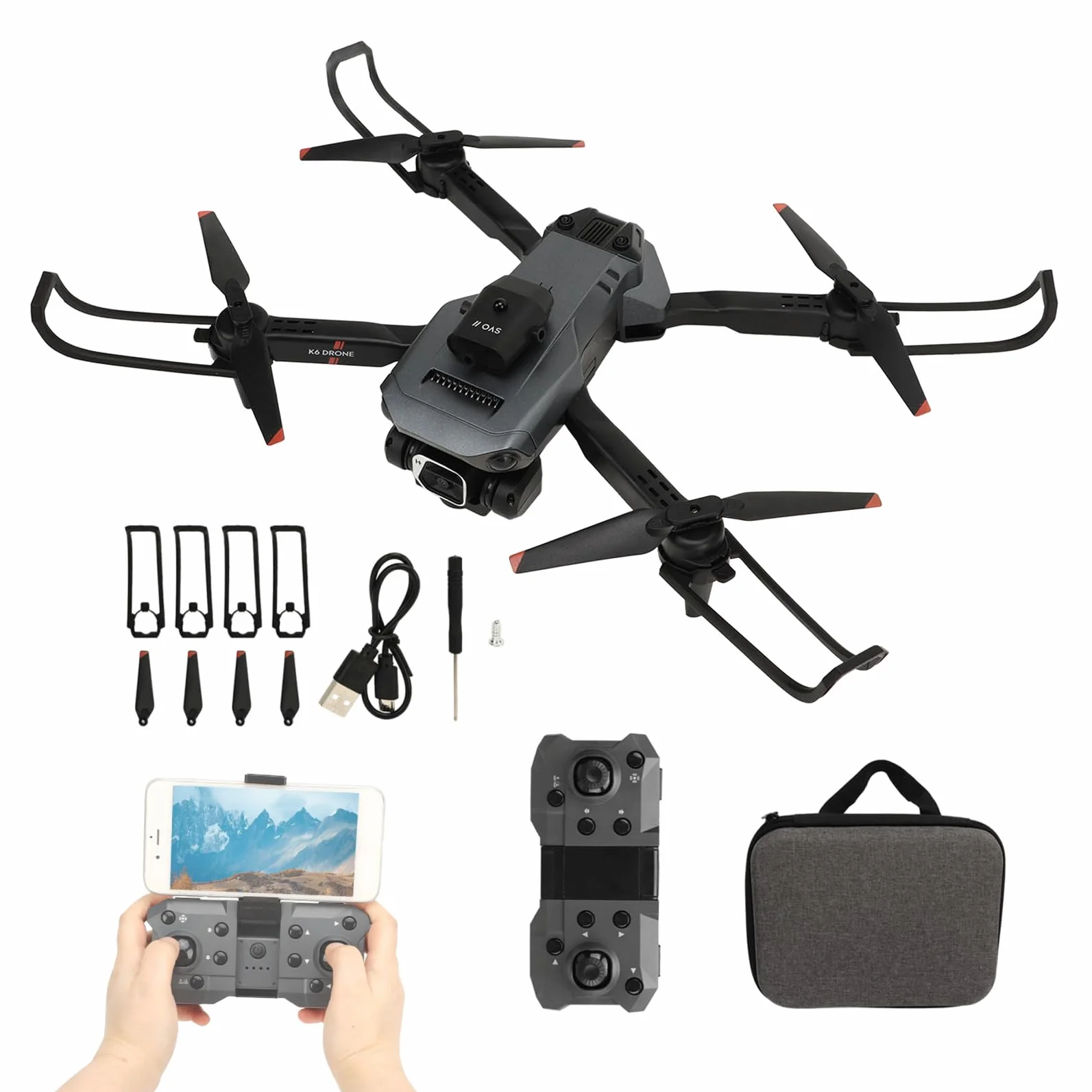 Składany Quadcopter Drone, K6 4K HD 50x Zoom FPV Drony z kamerą Czterokierunkowy Dron do Unikania Przeszkód Mini Drone z Futerałem, Inteligentna wysokość Zawisu