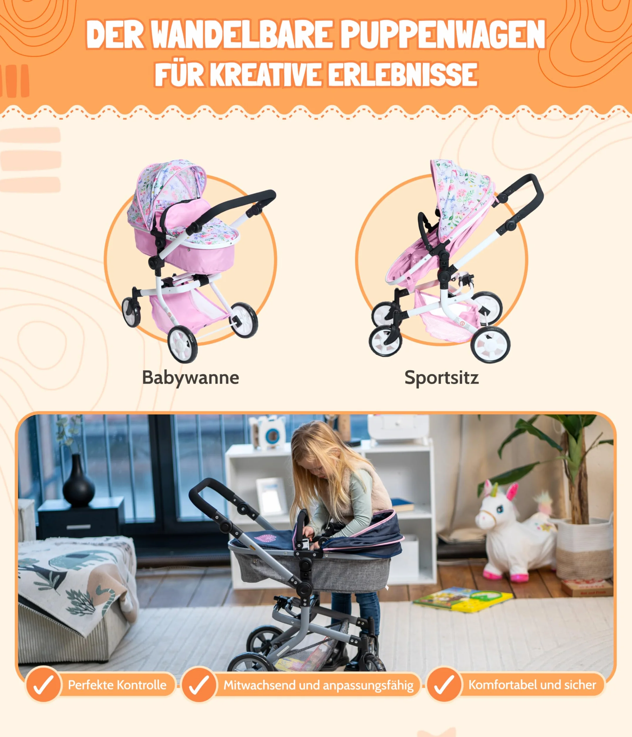 Bayer Chic 2000 Mika wózek dla lalek 2 w 1, różowy, składany, z regulacją wysokości 47-80 cm, nowoczesny stelaż, lalki do 52 cm, 4-8 J.