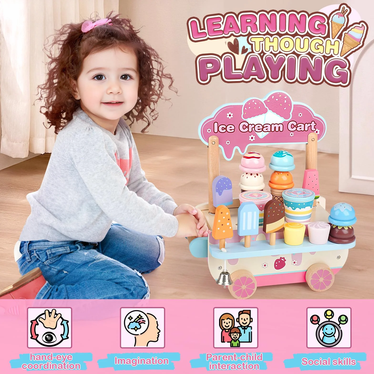 Dreamon Lodziarnia drewniana zabawka dla dzieci w wieku od 3, 4, 5 lat, drewniana zabawka do zabawy, akcesoria do zabawy, sklep z drewnem, dla dzieci, wózek do lodów, zabawka na prezent dla chłopców i