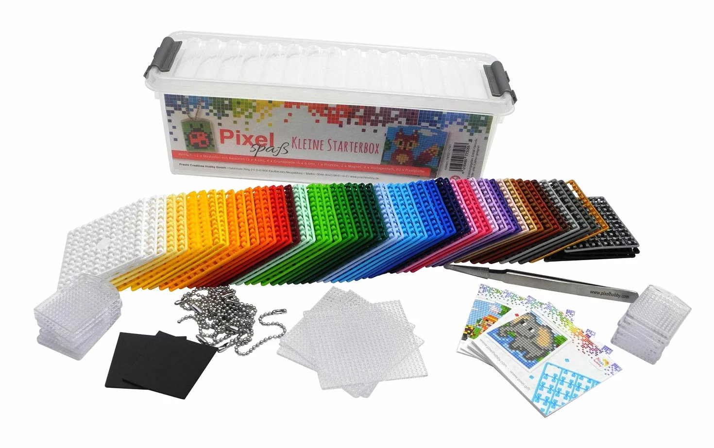 Pixel P60001-27501 małe pudełko startowe, zestaw rzemieślniczy z 60 płytkami pikselowymi, 4 płytkami podstawowymi, 12 medalionami z łańcuszkiem i 4 mini książeczkami z wzorami