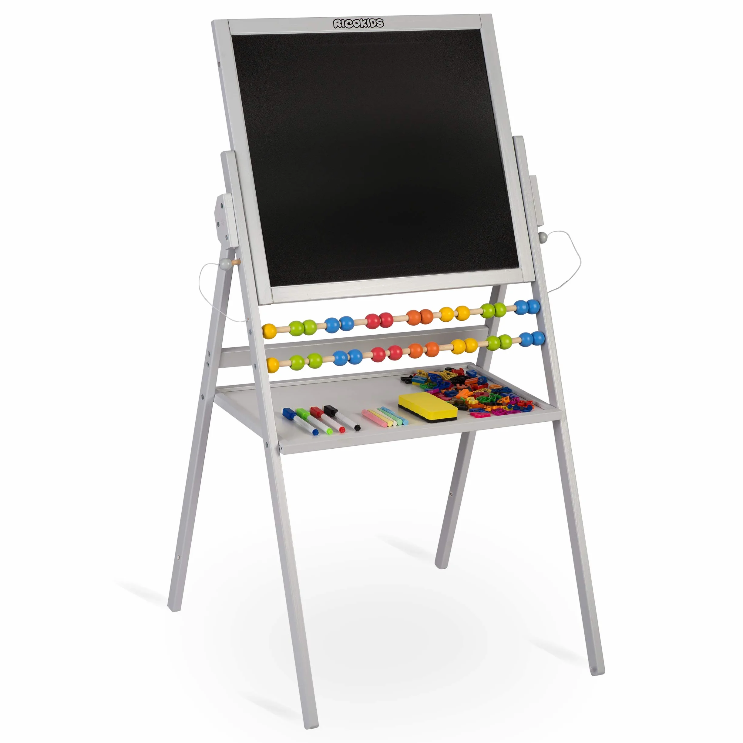 Ricokids Tablica Magnetyczna i Kredowa dla Dzieci - Tablica Dwustronna Obrotowa z Akcesoriami - Drewniana - 101 x 54 x 55 cm - Biała