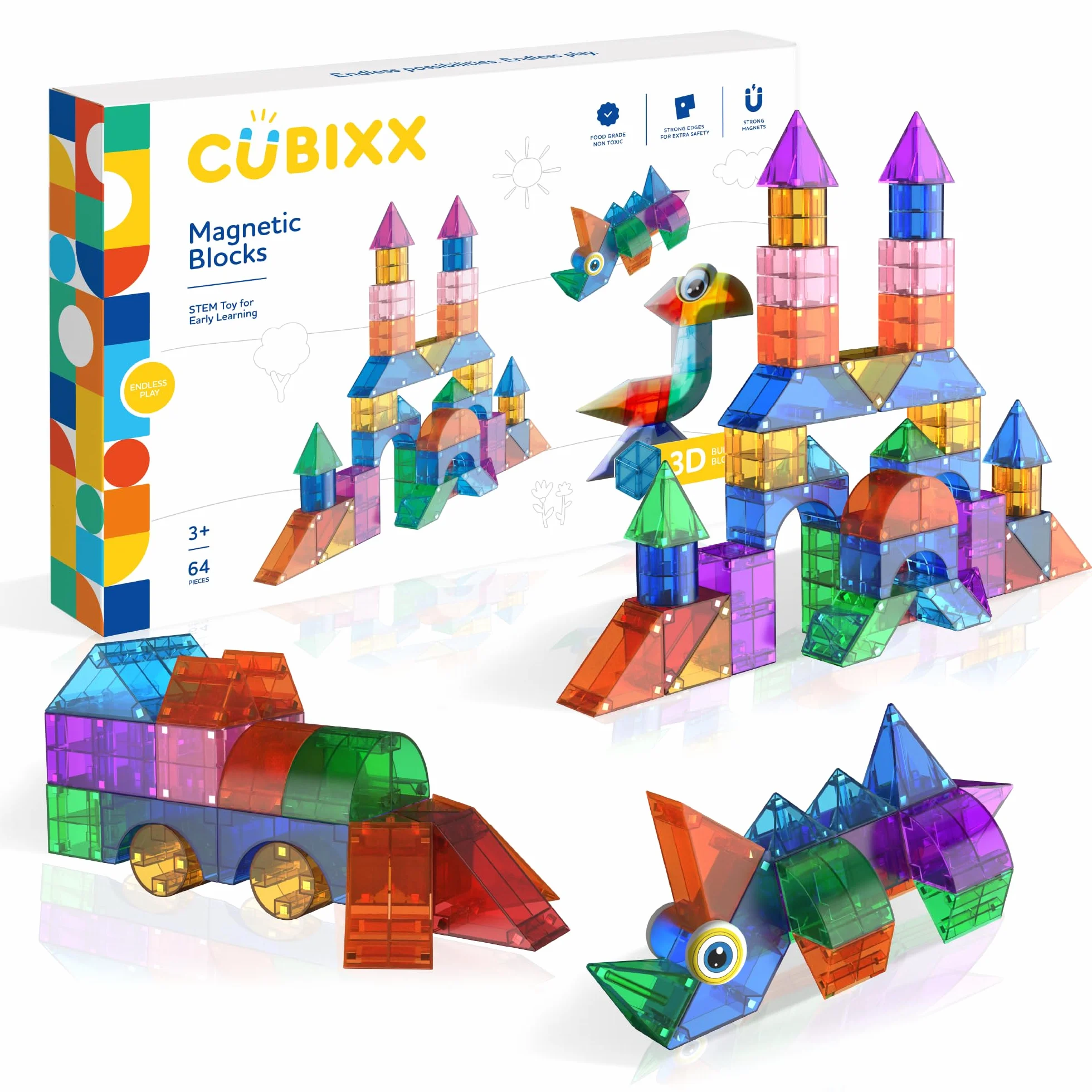 Cubixx - 3D Magnetyczne klocki dla dzieci od 3+ lat, kreatywna zabawka edukacyjna w 64-częściowym zestawie, magnetyczna zabawka konstrukcyjna dla dziewcząt i chłopców, zabawka Montessori STEM