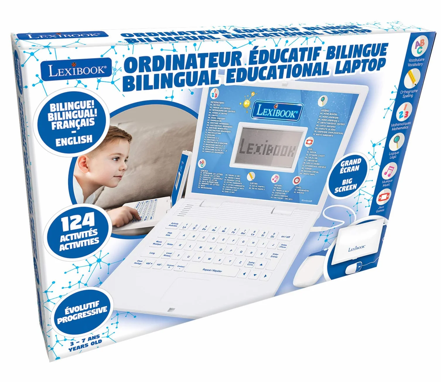 Lexibook, Dwujęzyczny francuski/angielski komputer edukacyjny, zabawka dla dzieci z 124 zajęciami do nauki języków, matematyki, logiki, zabawy i gry na pianinie, JC598i1