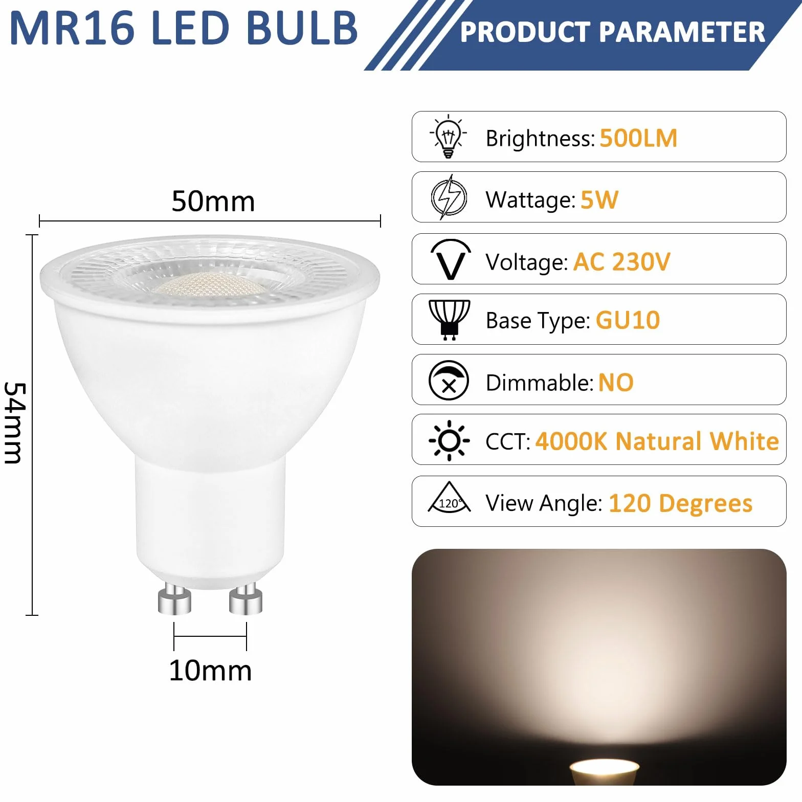 Caldarax 6 sztuk żarówek LED GU10, naturalna biel, 4000 K, GU10 reflektor 5 W, zamiennik żarówek halogenowych 50 W, 500 lumenów, kąt świecenia 120°, MR16 230 V, bez możliwości ściemniania