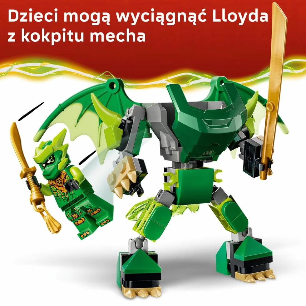 LEGO NINJAGO Smoczy mech Lloyda — zestaw bitewny, zabawka konstrukcyjna, klocki dla chłopca lub dziewczynki, ruchoma figurka mecha i trzy minifigurki ninja, prezent dla dziecka od 6 lat 71862