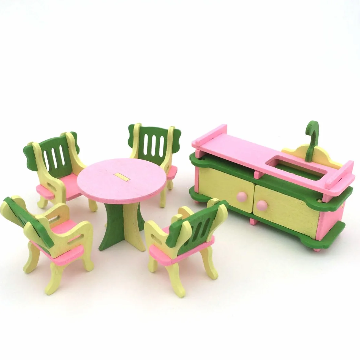 6 sztuk zestaw mebli do domku dla lalek, drewniane, miniaturowe meble, zlewozmywak kuchenny, stół do jadalni, 4 krzesła, akcesoria do domku dla lalek, dekoracja 1:12, domek dla lalek, jadalnia,