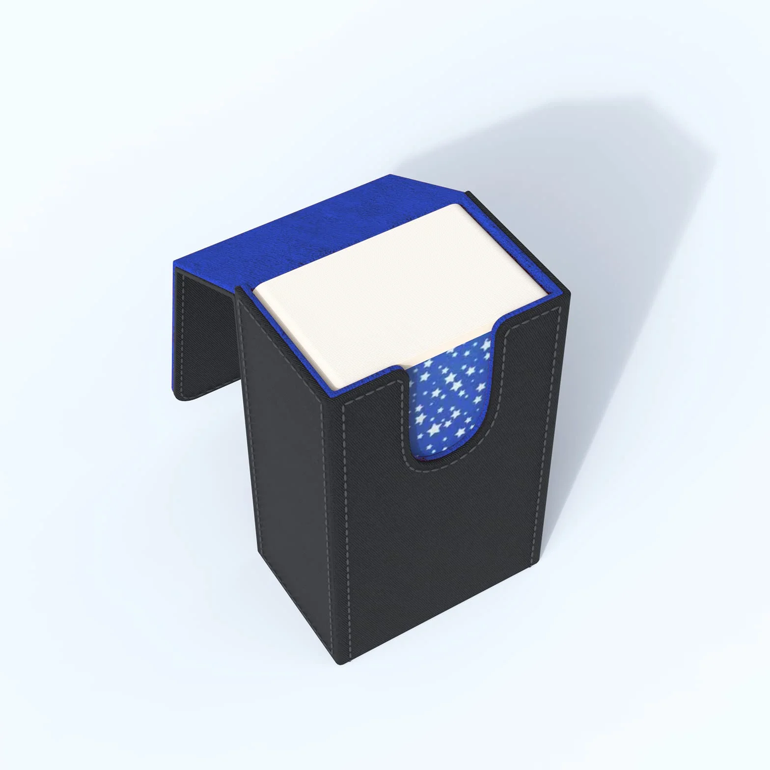 Czarne etui na karty tarota z niebieskim wnętrzem; składane etui na karty tarota z magnetycznym zamknięciem pokrywy; pasuje do standardowej talii kart tarota; uchwyt mierzy standardowy