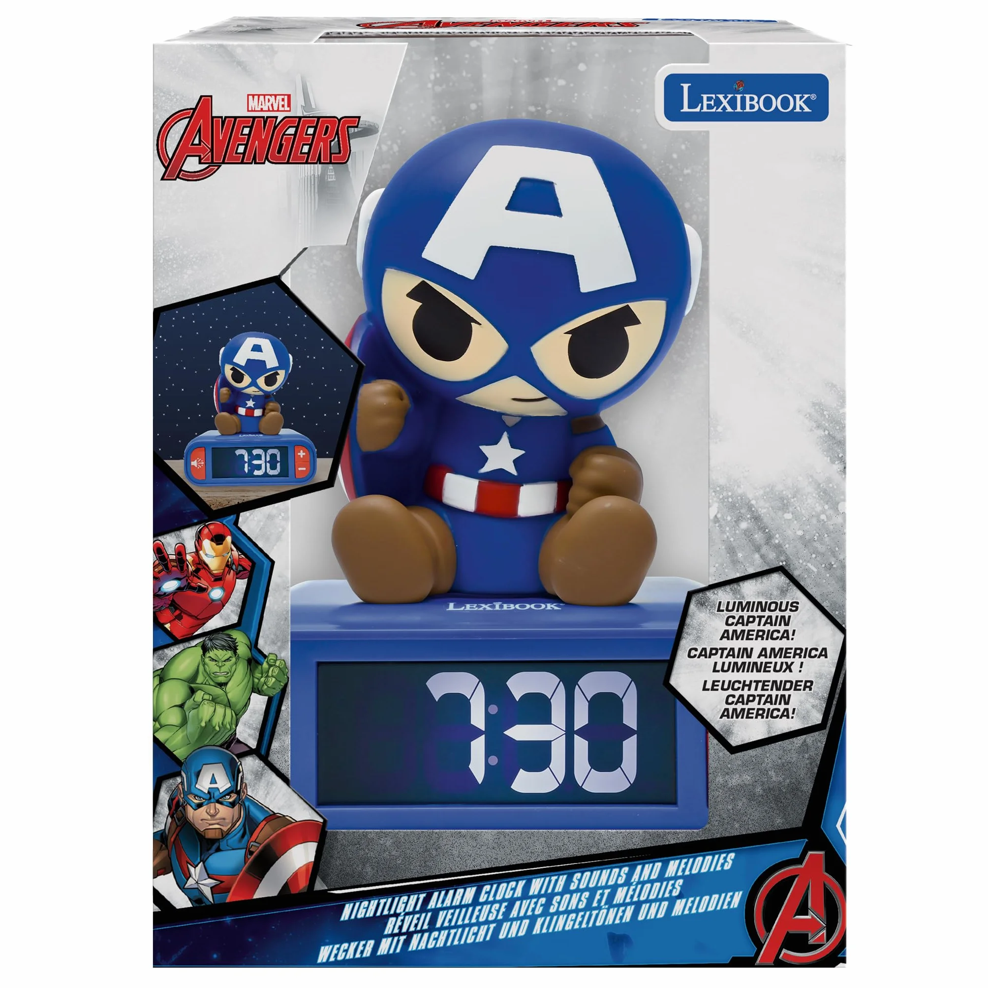 Lexibook Marvel Avengers Budzik z Lampką Nocną Dźwięki i Melodie Podświetlany Ekran LCD Snooze RL800AV1