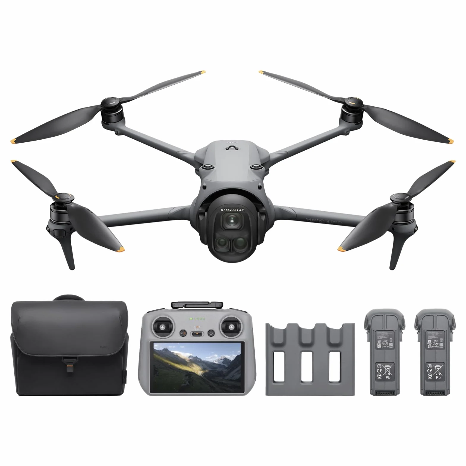 Pakiet DJI Mavic 4 Pro Fly Więcej z DJI RC 2, flagowy trójkomorowy dron z kamerą Hasselblad 100 MP i 4/3 CMOS, transmisja 30 km, czas lotu 51 min, centrum ładowania