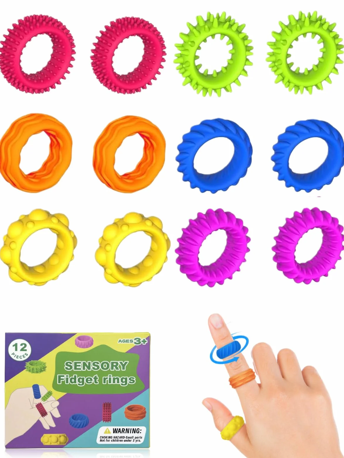 12 Sztuk Silikonowych Zabawek Fidget, Pierścionek Antystresowy dla Dzieci i Dorosłych, Zabawka Sensoryczna, Pierścionki Masujące do Akupresury Palców, Pierścionek Fidget na Lęk, ADHD, Autyzm