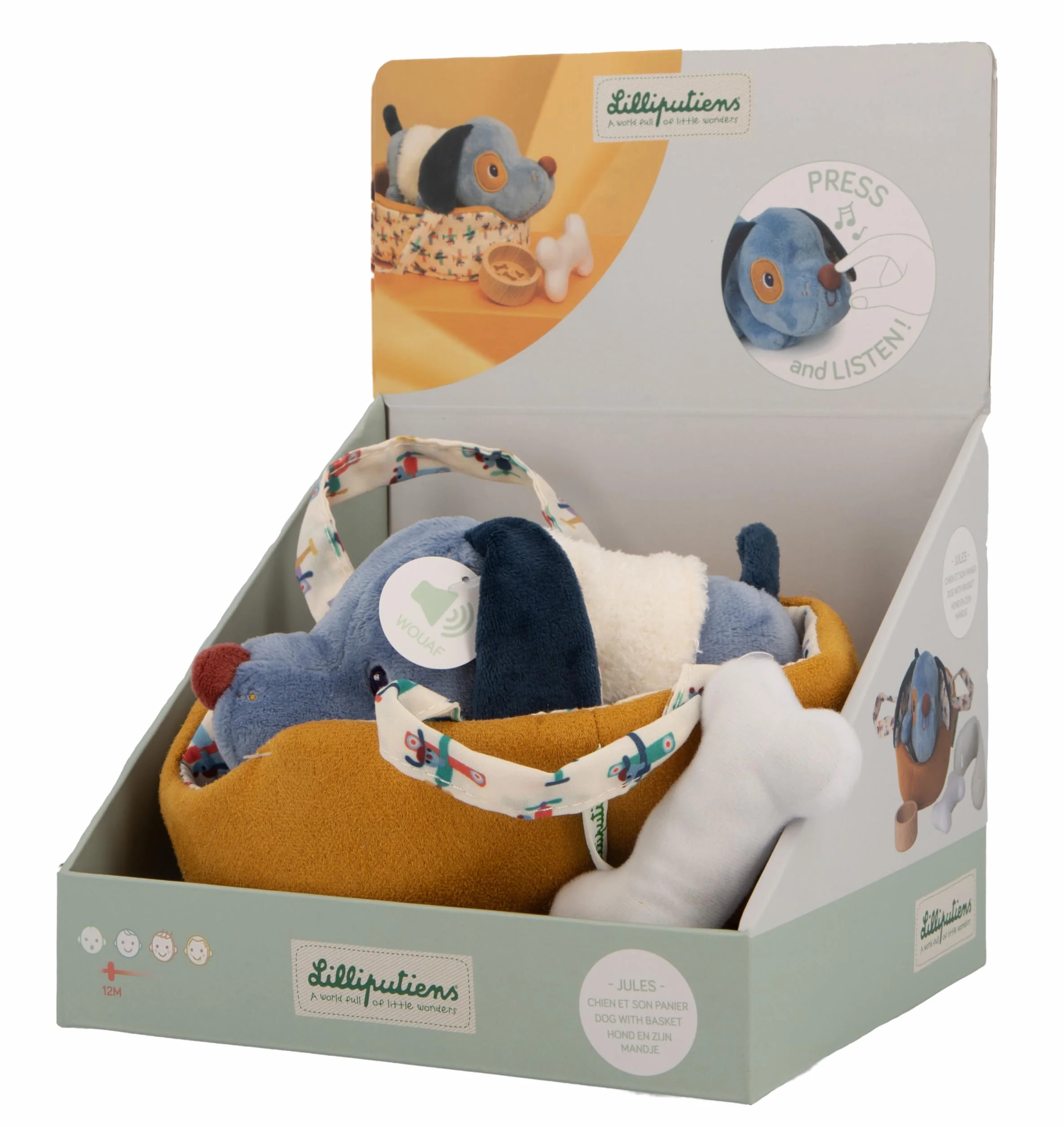 LILLIPUTIENS - Jules the Plush Dog and Your Basket - Kołdra dla psa z koszem i akcesoriami - Elektroniczny szum szczekania - Pobudza wyobraźnię - Od 12 miesięcy